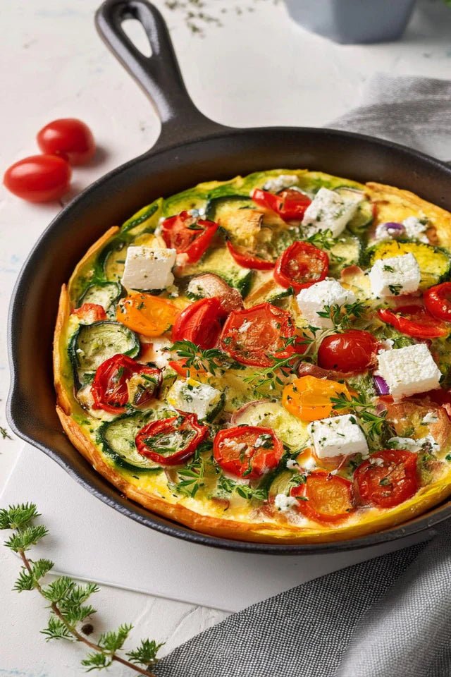 Frittata aux légumes rôtis et fromage de chèvre cuite dans une poêle en fonte pour une cuisson homogène et dorée