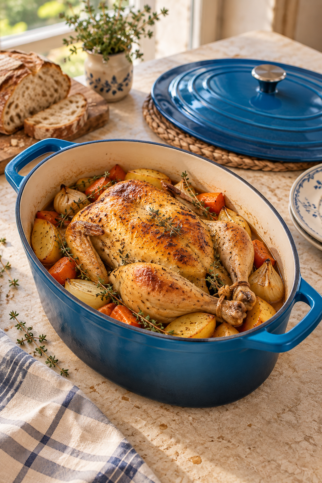 Golden roast chicken with potatoes and carrots in a Cyan Blue oval casserole