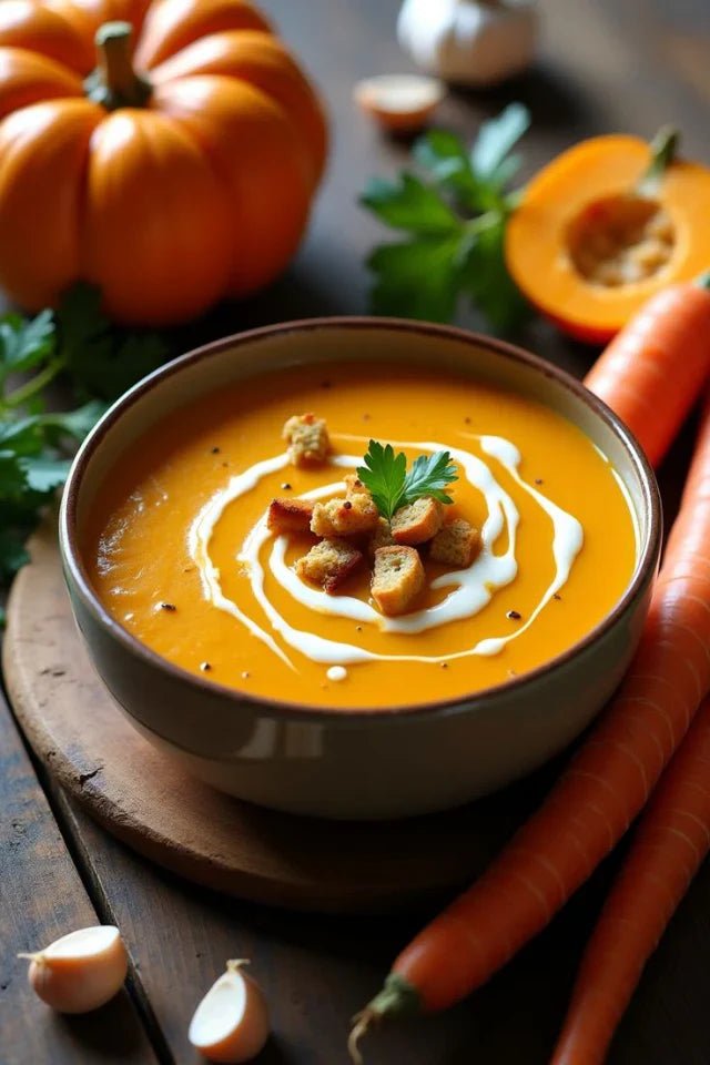 Velouté de potimarron maison préparé dans une marmite en fonte émaillée à bords incurvés pour une cuisson douce et une texture onctueuse