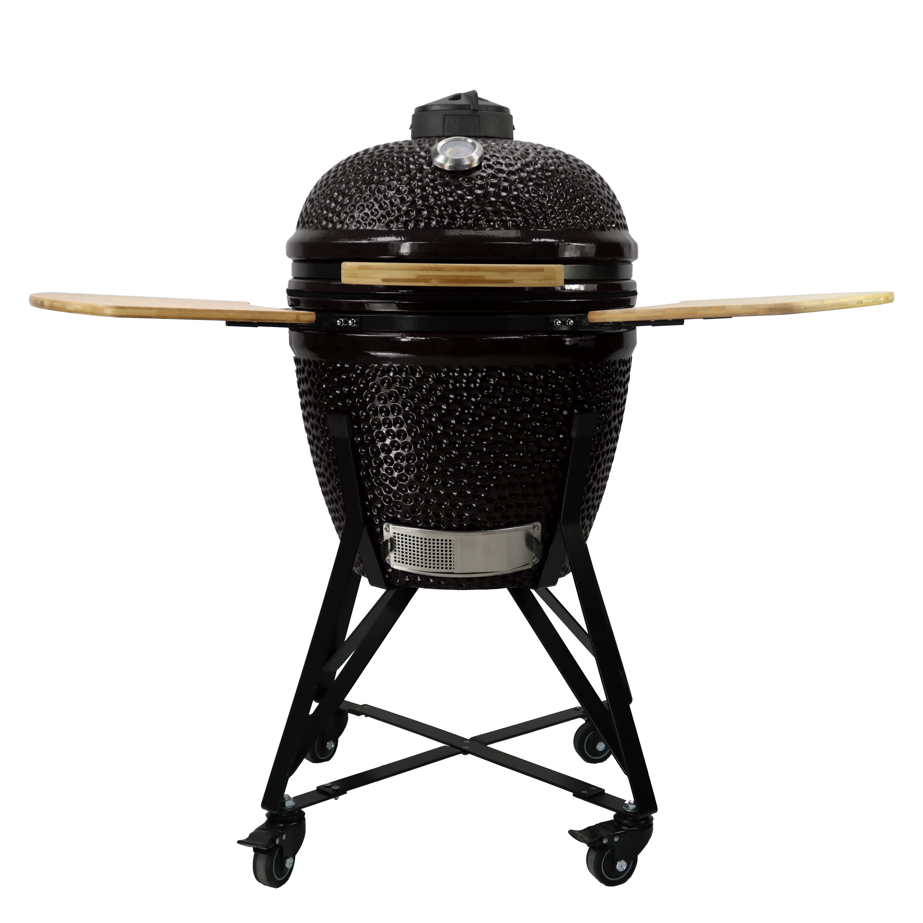 Barbecue kamado en céramique noir avec grandes tablettes latérales ouvertes pour cuisine extérieure