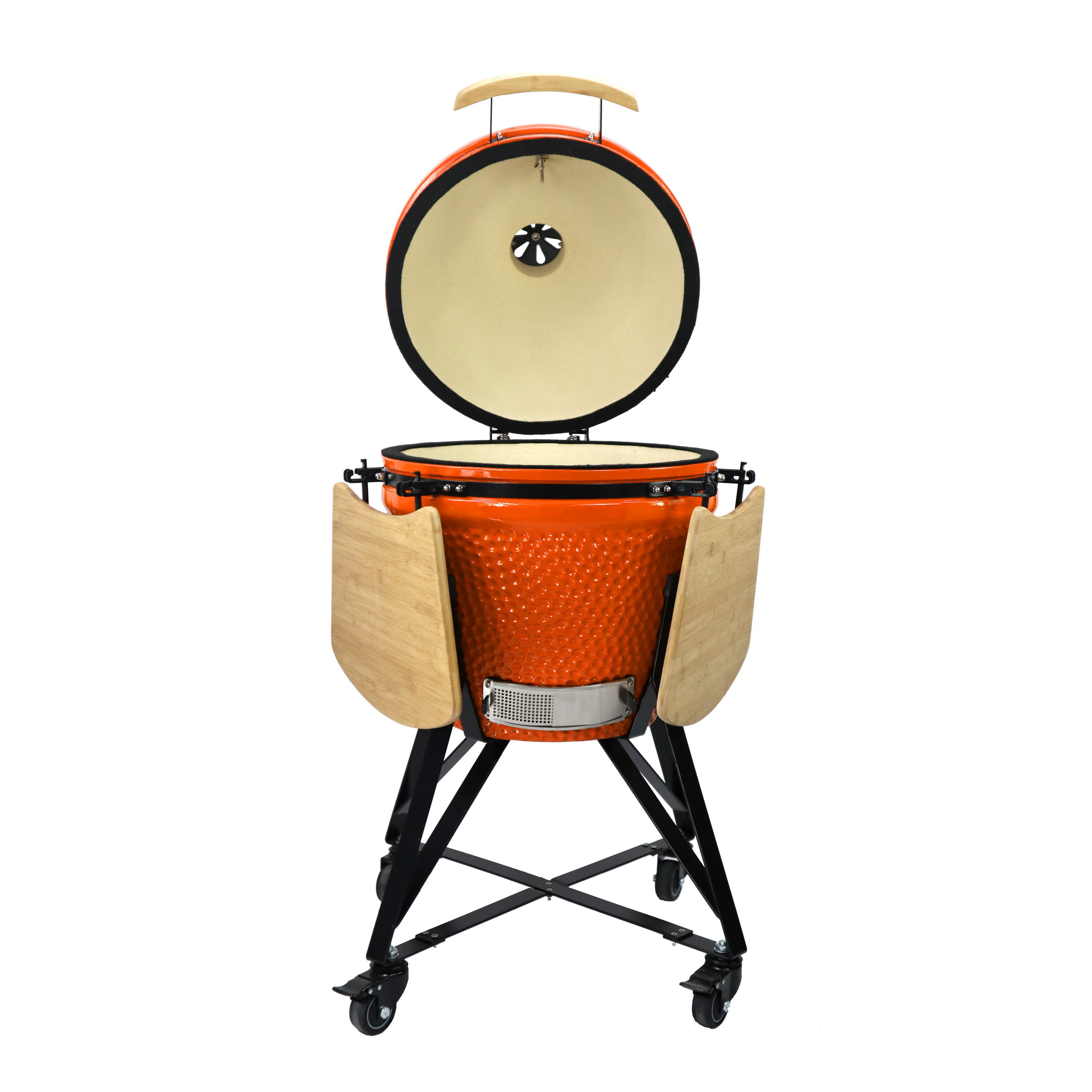 Barbecue kamado en céramique orange avec grandes tablettes latérales ouvertes pour cuisine extérieure