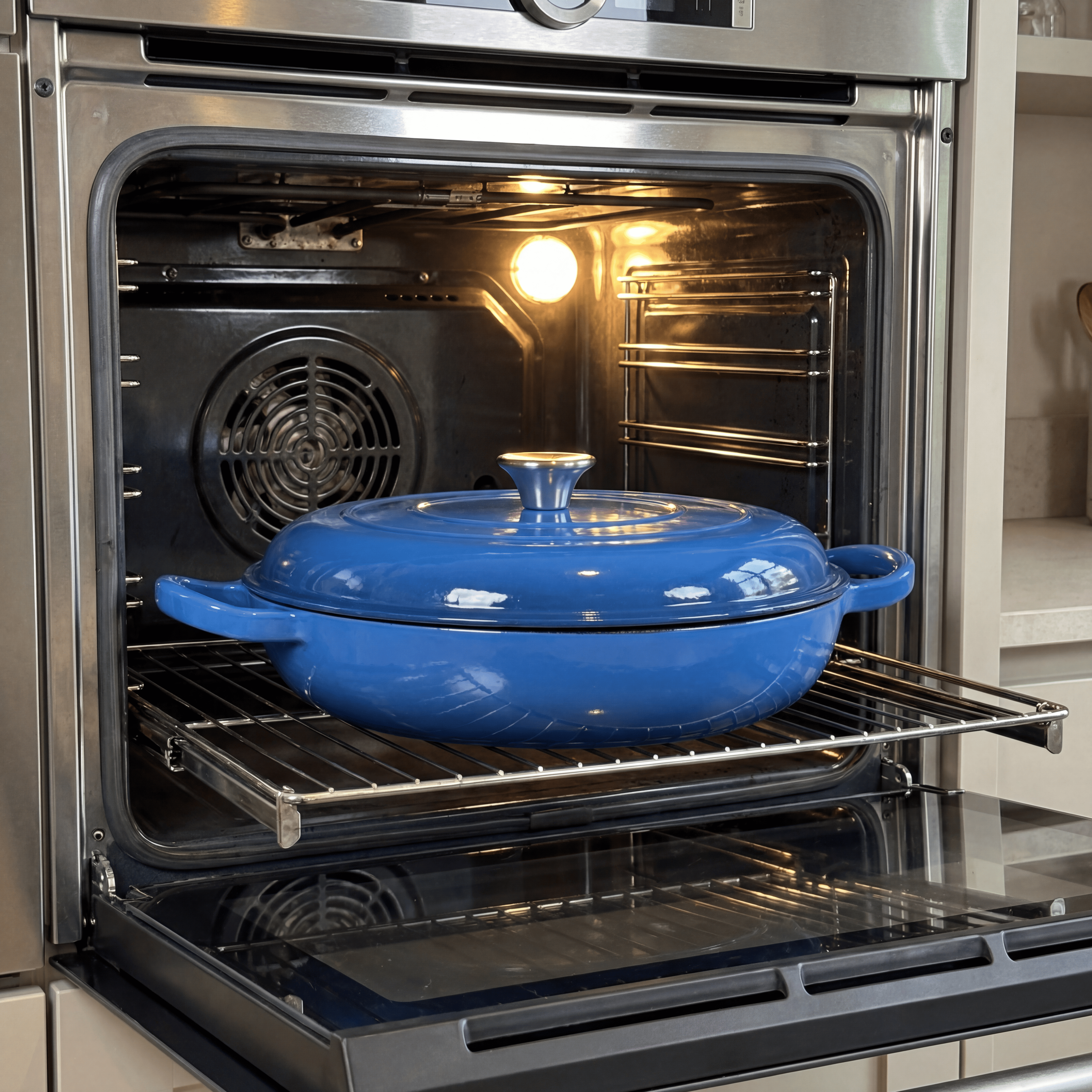 Cocotte en fonte émaillée au four supportant des températures élevées, avec bouton de couvercle résistant jusqu’à 250°C