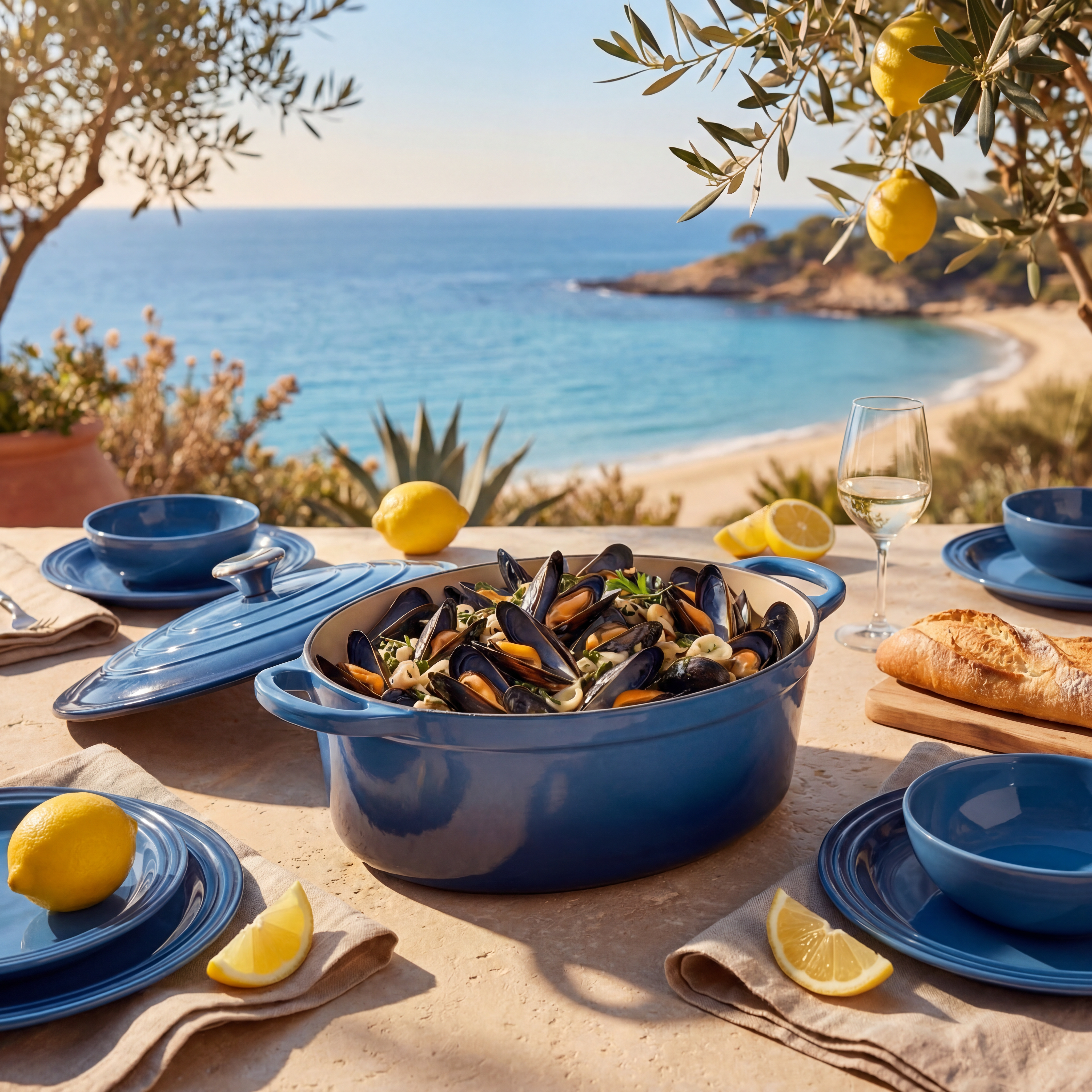 Cocotte ovale bleu perle moule marinière