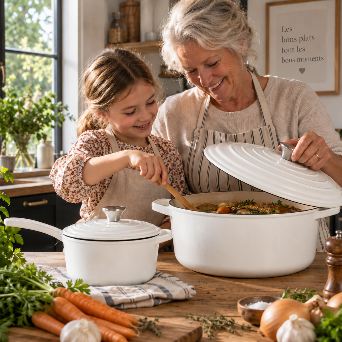 Cuisine dans une cocotte et une casserole en fonte émaillée Blanc Vanille Mamie Cocottes