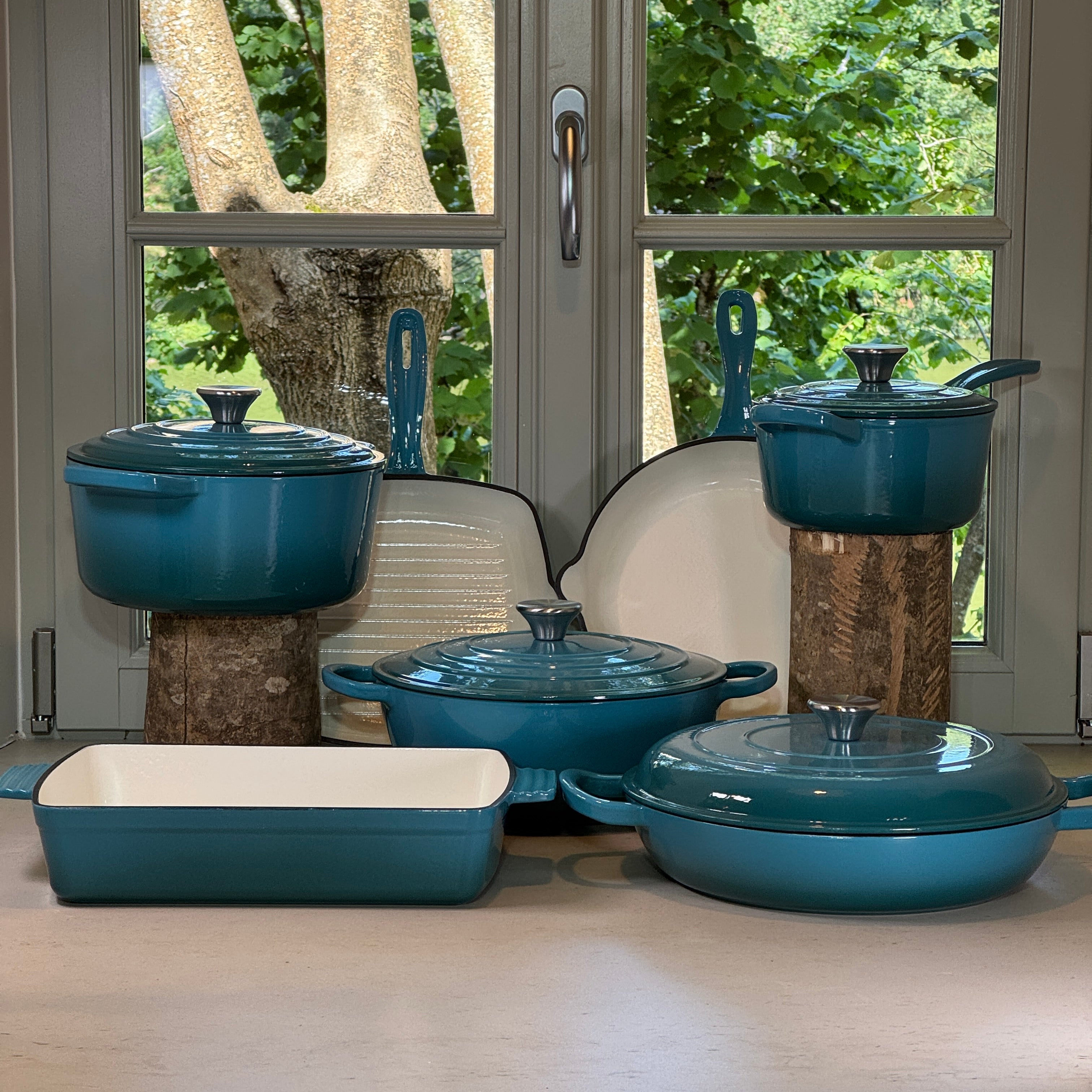 Ensemble sept pièces fonte émaillée turquoise