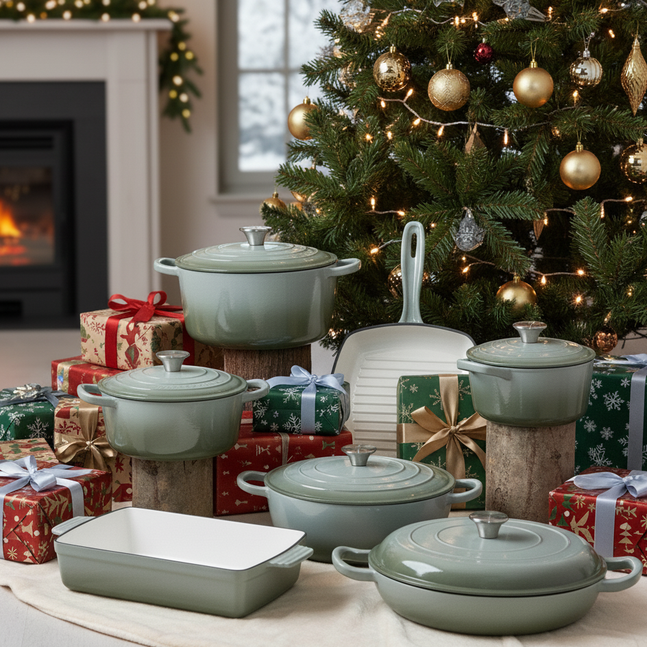 Ensemble sept pièces en fonte émaillée vert sauge au pied d'un sapin entouré de cadeau