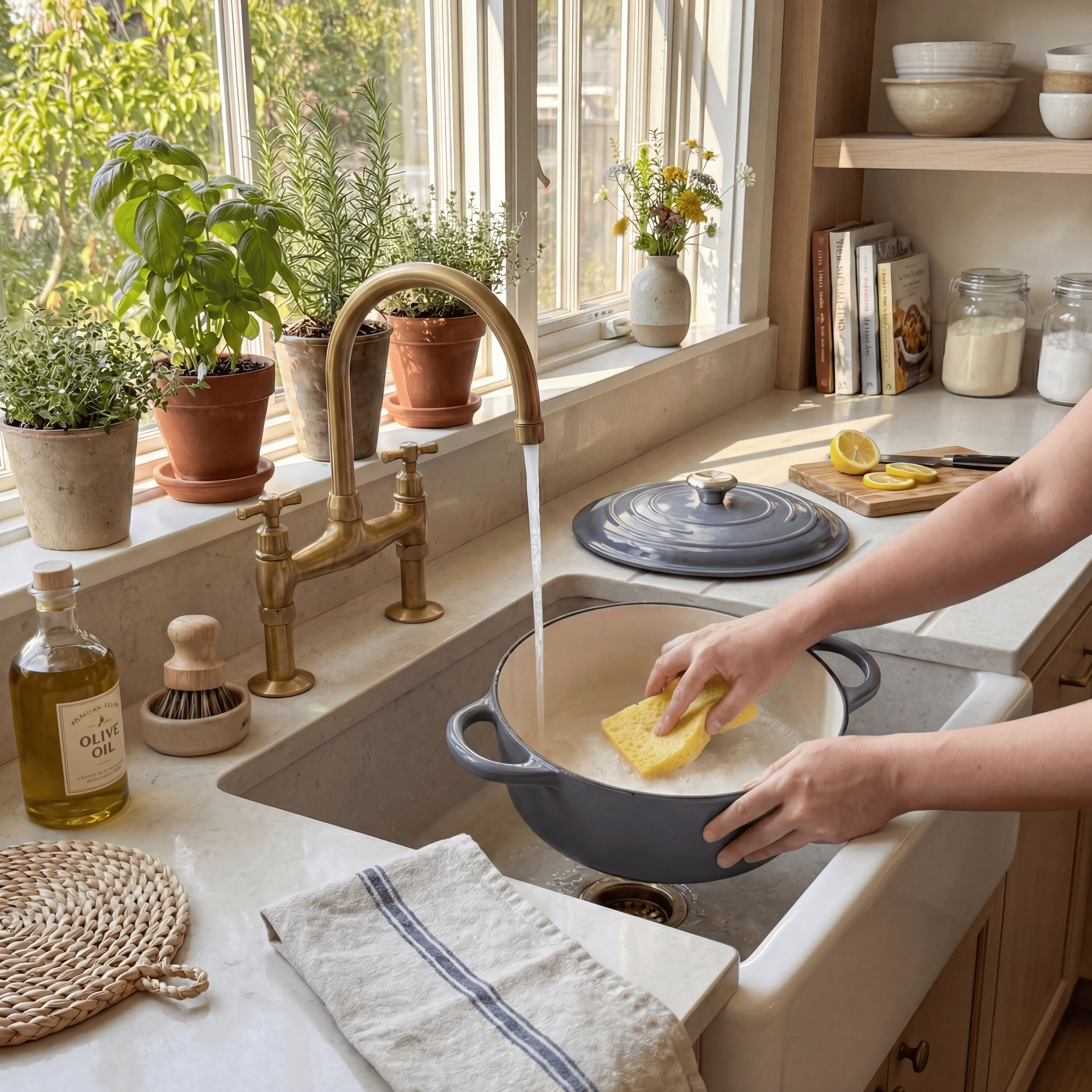 Nettoyage doux d’une cocotte en fonte émaillée à la main, recommandé pour préserver l’émail et prolonger la durée de vie de la cocotte