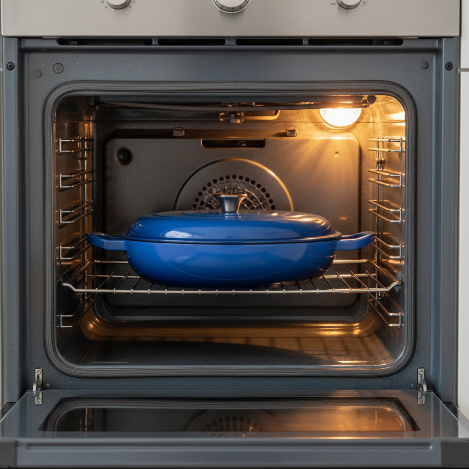 Faitout en fonte émaillée bleu myrtille dans le four