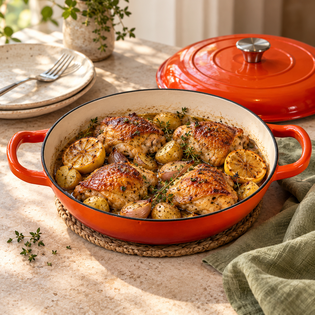 Poulet doré au citron et au thym avec pommes de terre dans le faitout en fonte émaillée orange Mamie Cocottes.