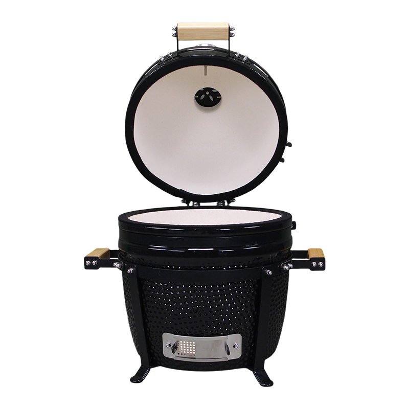 Petit barbecue kamado noir 15 pouces ouvert vue avant avec grille intérieure visible.