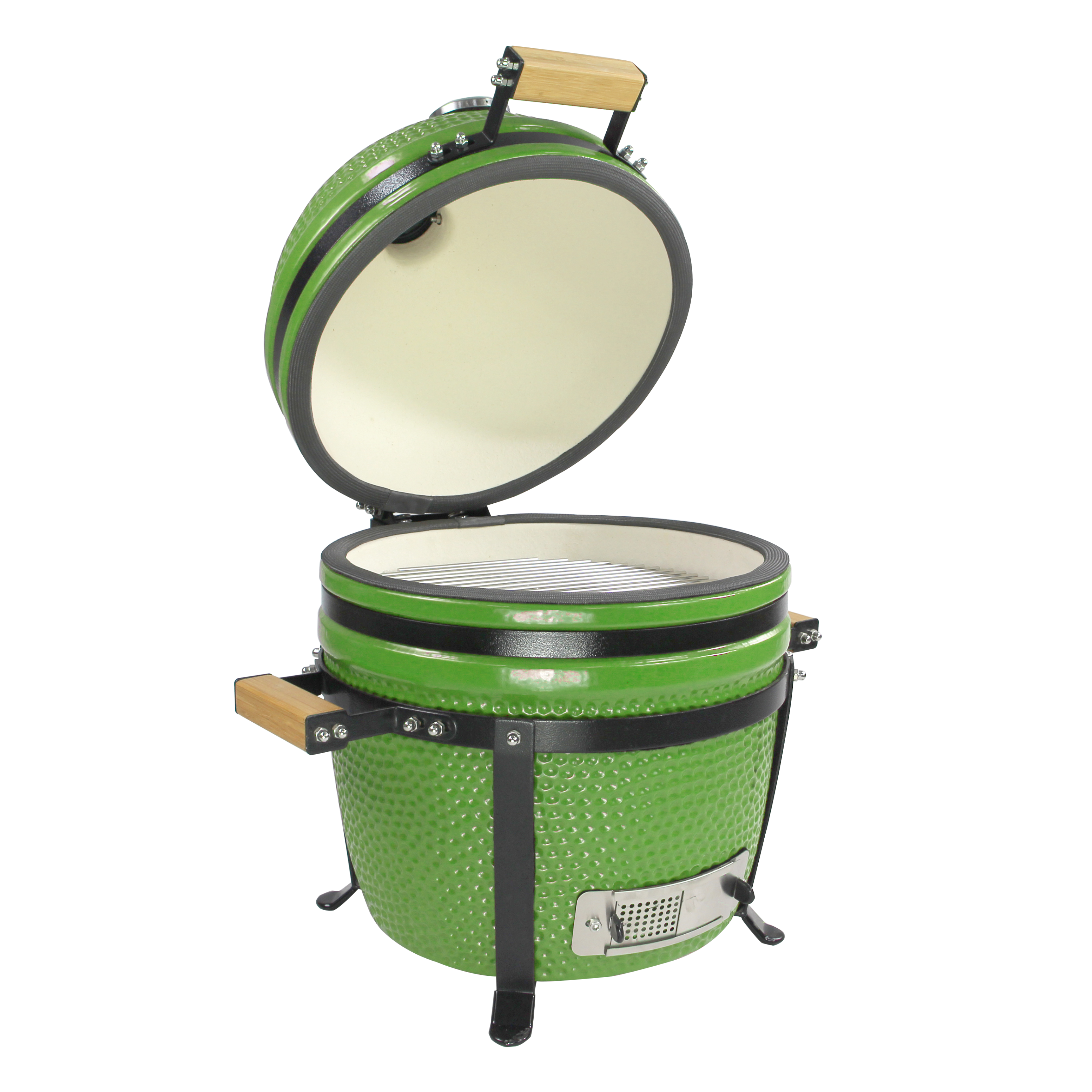 Barbecue kamado vert 15 pouces ouvert avec grille de cuisson en céramique vue 3-4.
