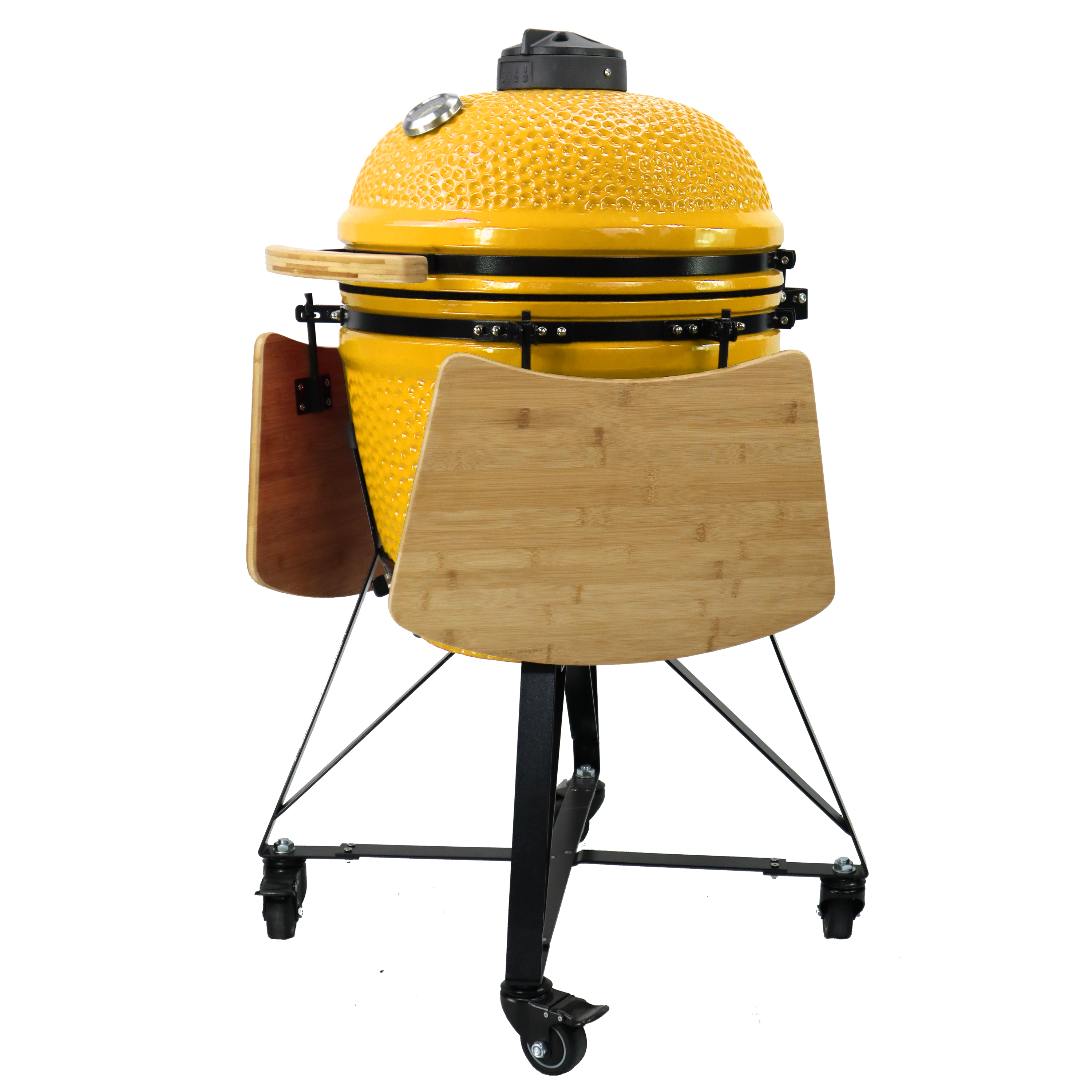 Barbecue kamado 21 pouces jaune en céramique avec tablettes latérales rabattables et chariot sur roulettes