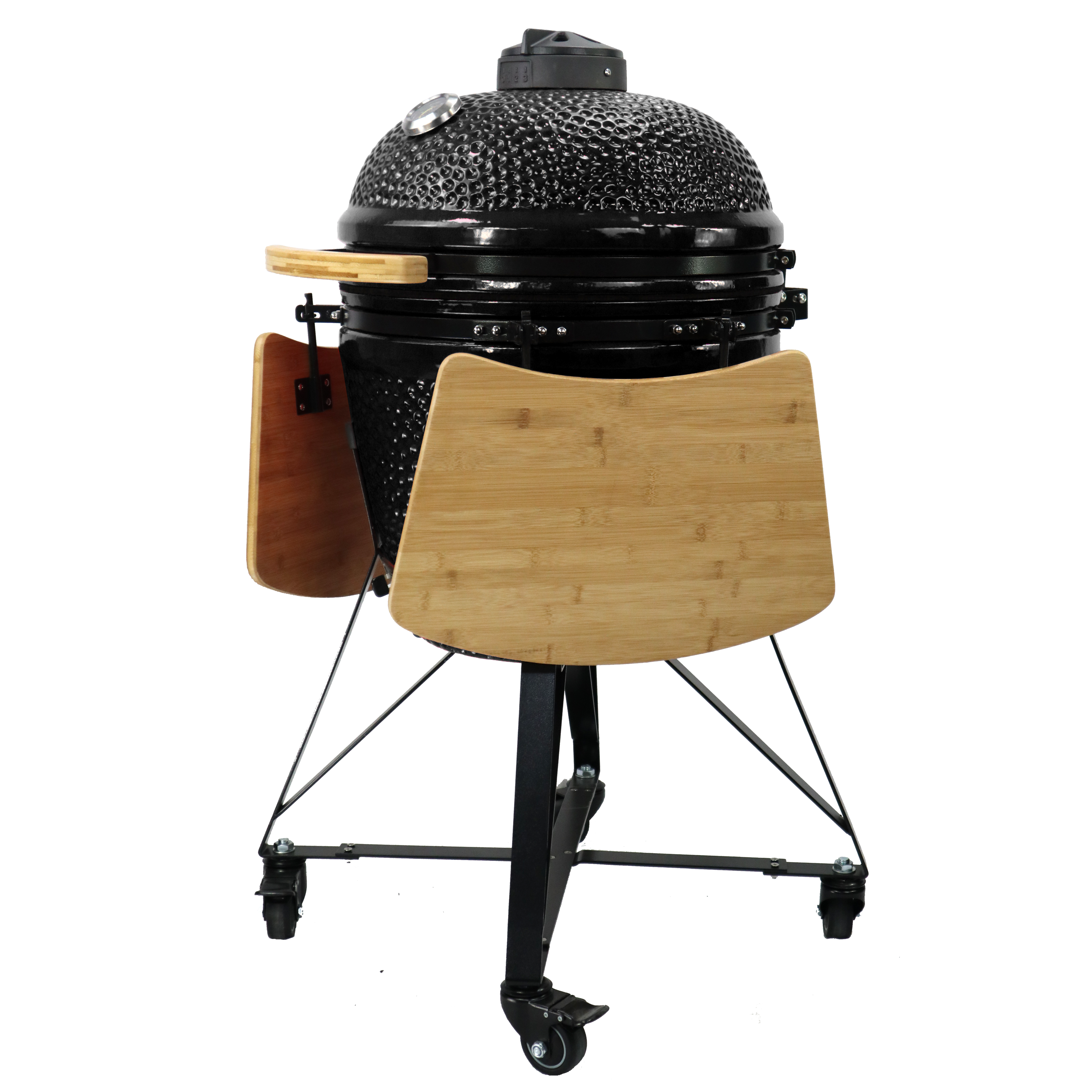 Barbecue kamado 21 pouces noir en céramique avec tablettes latérales rabattables et chariot sur roulettes