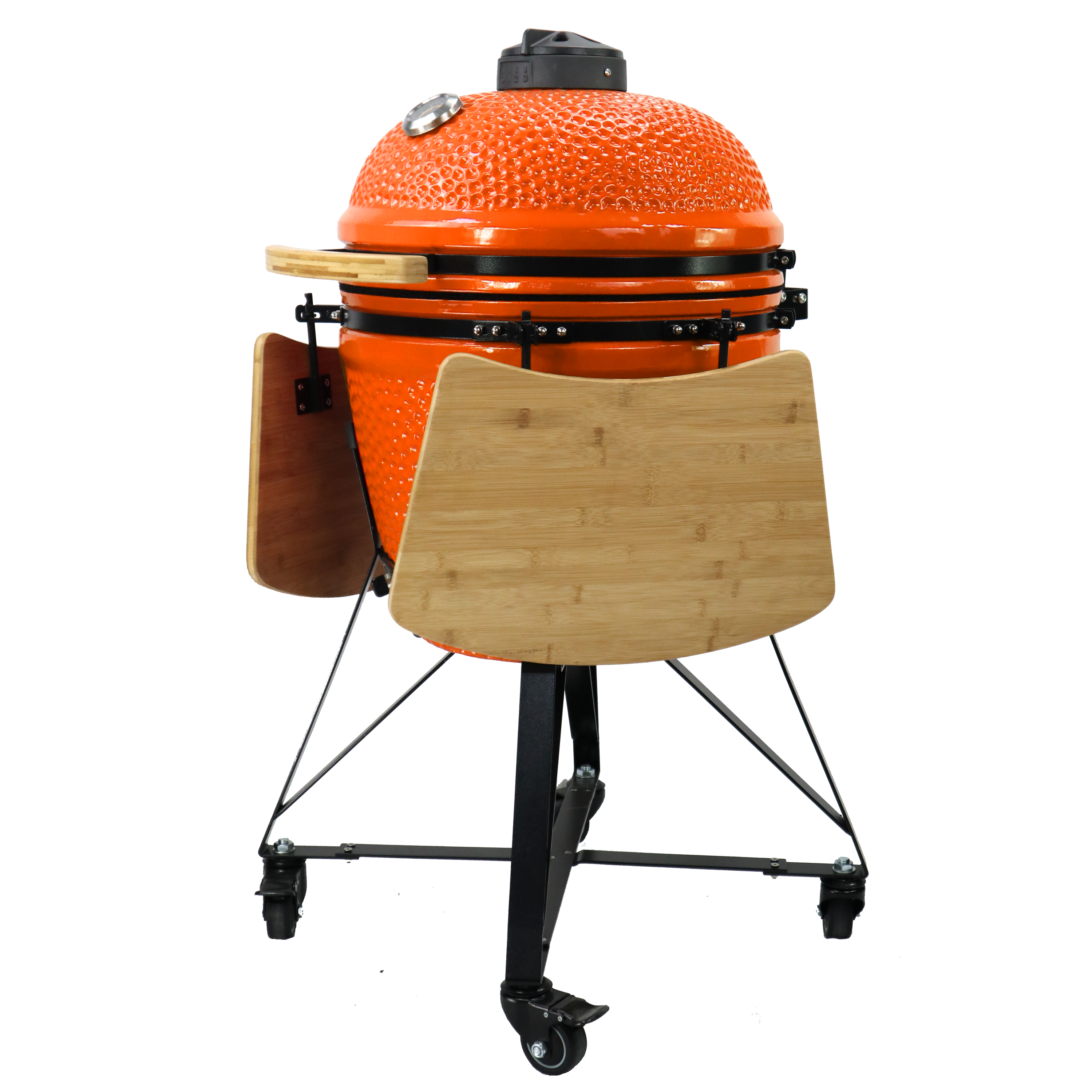 Barbecue kamado 21 pouces orange en céramique avec tablettes latérales rabattables et chariot sur roulettes