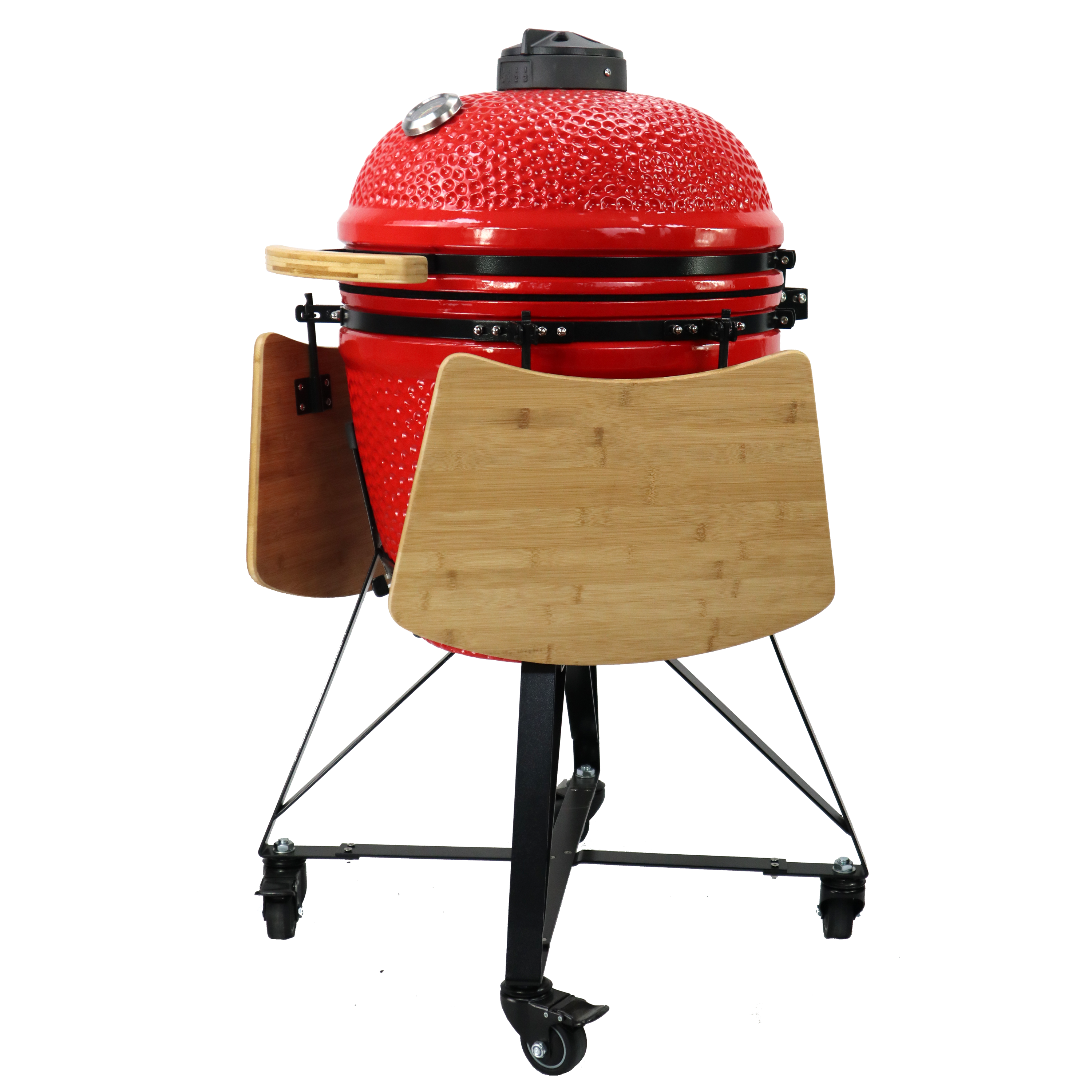 Barbecue kamado 21 pouces rouge en céramique avec tablettes latérales rabattables et chariot sur roulettes