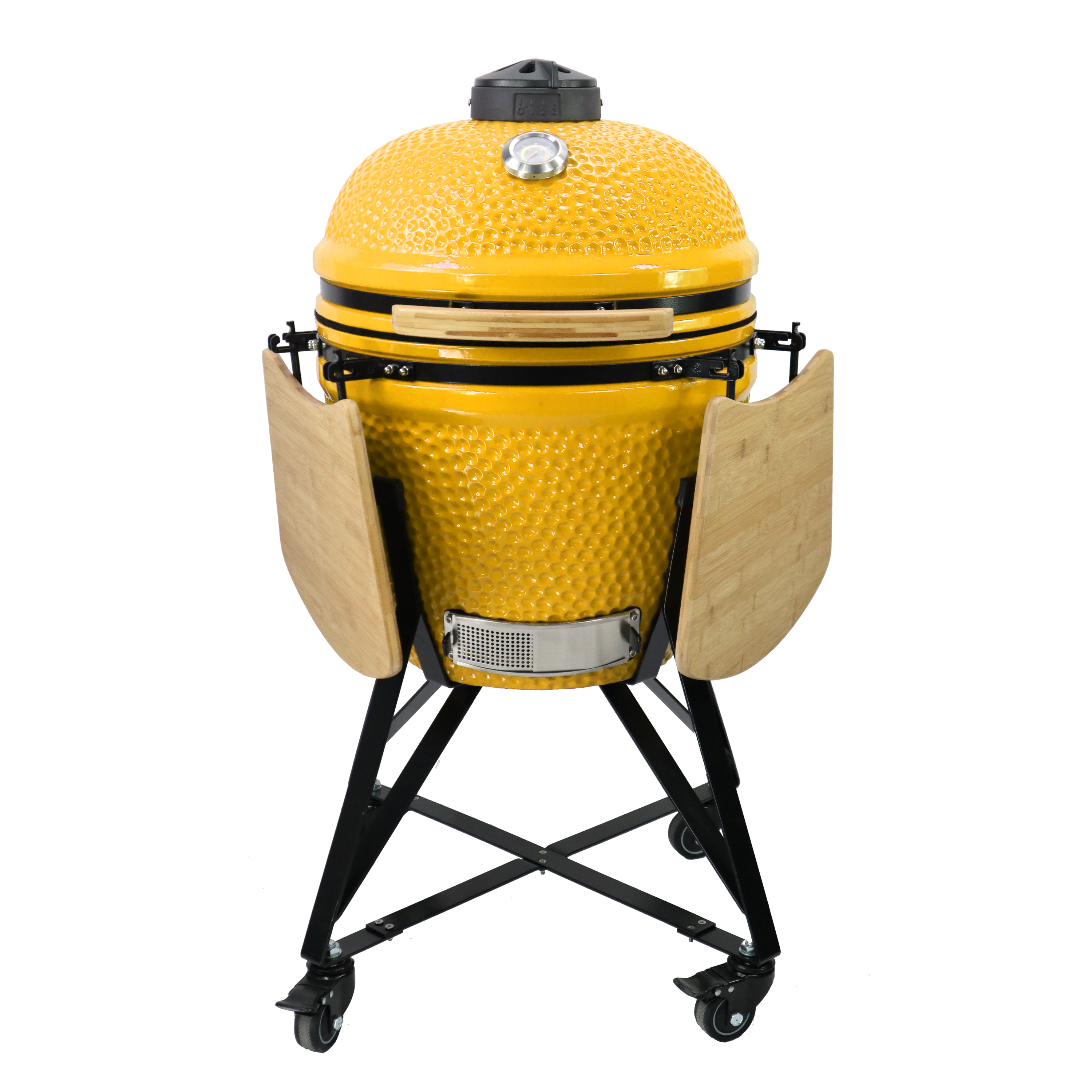Kamado grill jaune 21 pouces fermé avec poignée en bambou et support mobile pour cuisson au charbon
