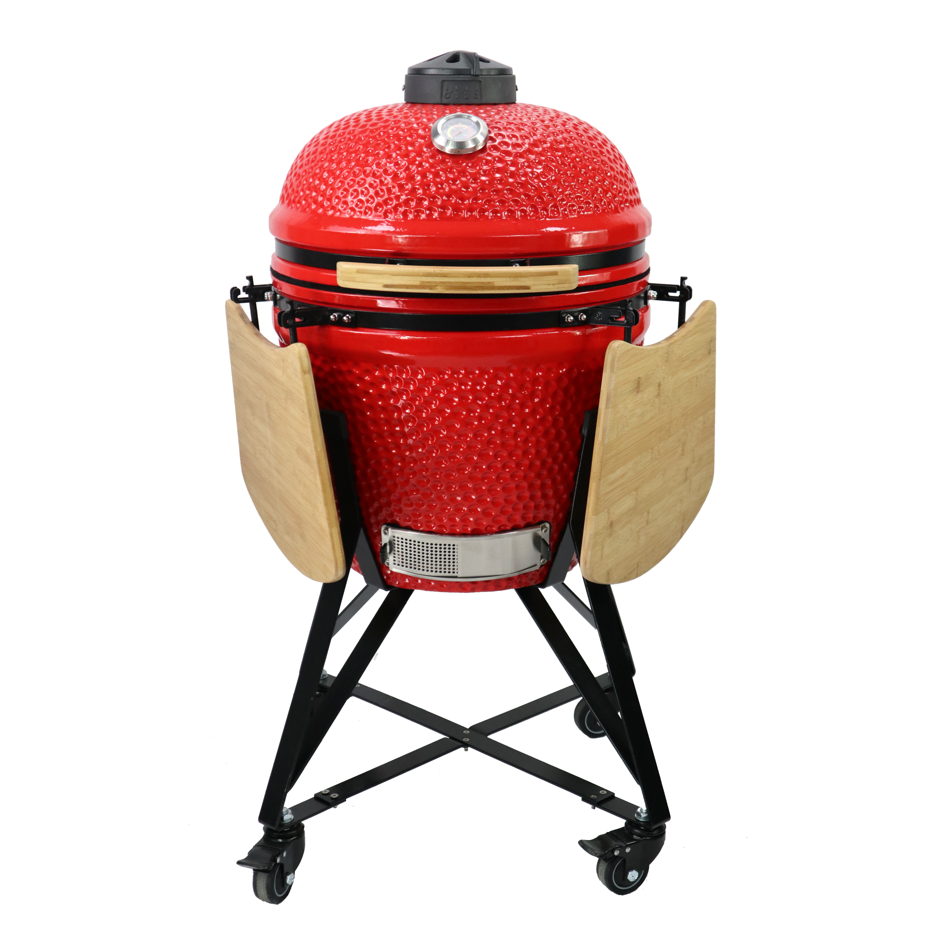 Kamado grill rouge 21 pouces fermé avec poignée en bambou et support mobile pour cuisson au charbon