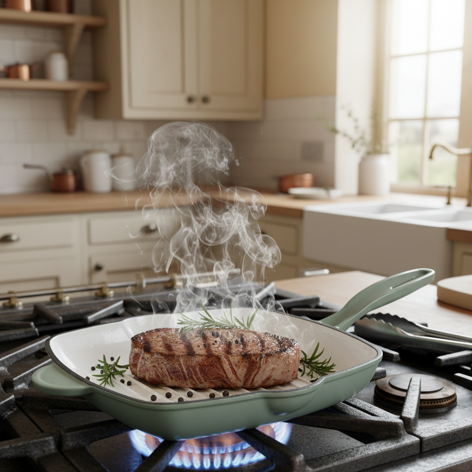 Pièce de viande sur grill en fonte émaillée vert sauge