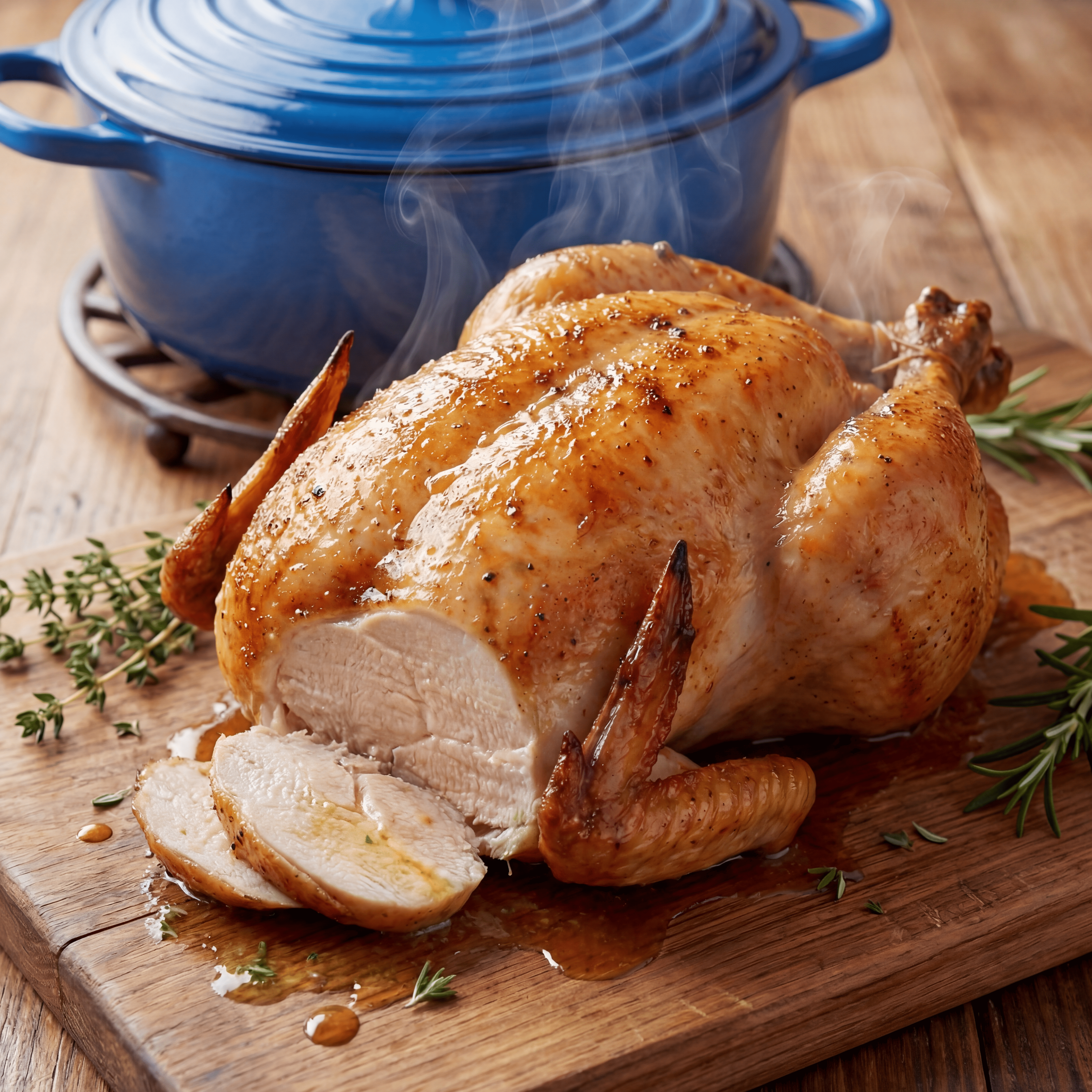 Poulet rôti juteux et savoureux cuit en cocotte en fonte émaillée avec couvercle à picots pour une viande tendre