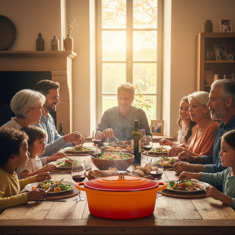 Repas de famille avec une cocotte en fonte émaillée ovale sur la table