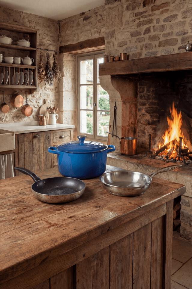 Cuisine rustique avec cocotte en fonte émaillée pour cuisson traditionnelle de plats mijotés avec avantages par rapport aux poêles en acier inoxydable ou en téflon