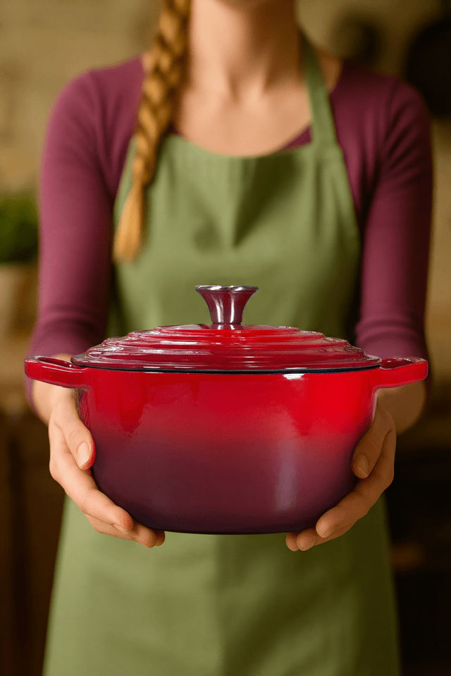 Présentation d’une cocotte en fonte émaillée mettant en avant les avantages de cuisson homogène, de durabilité et de polyvalence