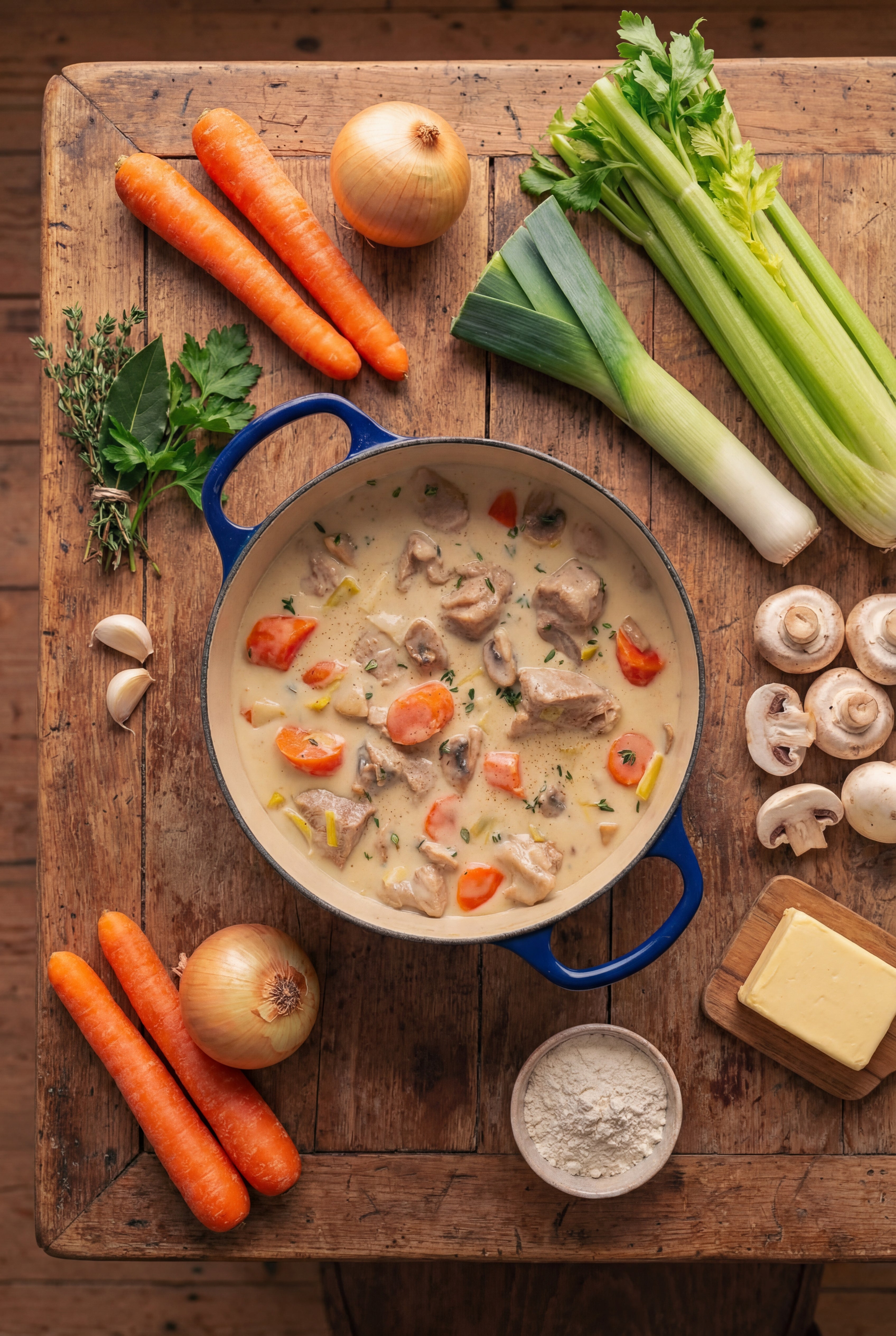 Blanquette de veau traditionnelle mijotée dans une cocotte ronde en fonte émaillée avec légumes, carottes, poireaux et sauce onctueuse