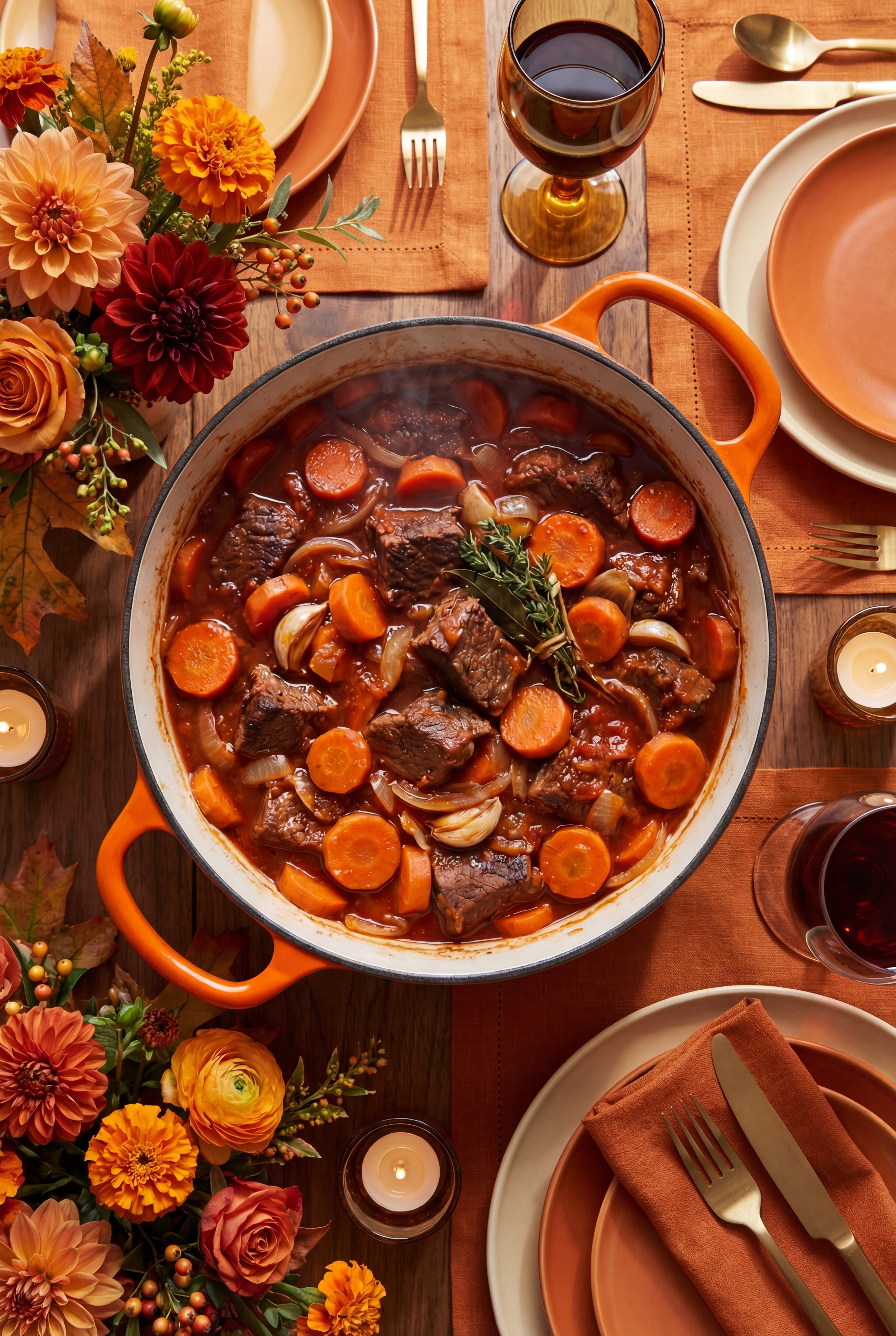 Bœuf carottes traditionnel mijoté dans une cocotte en fonte émaillée avec morceaux de bœuf fondants, carottes et sauce riche en arômes
