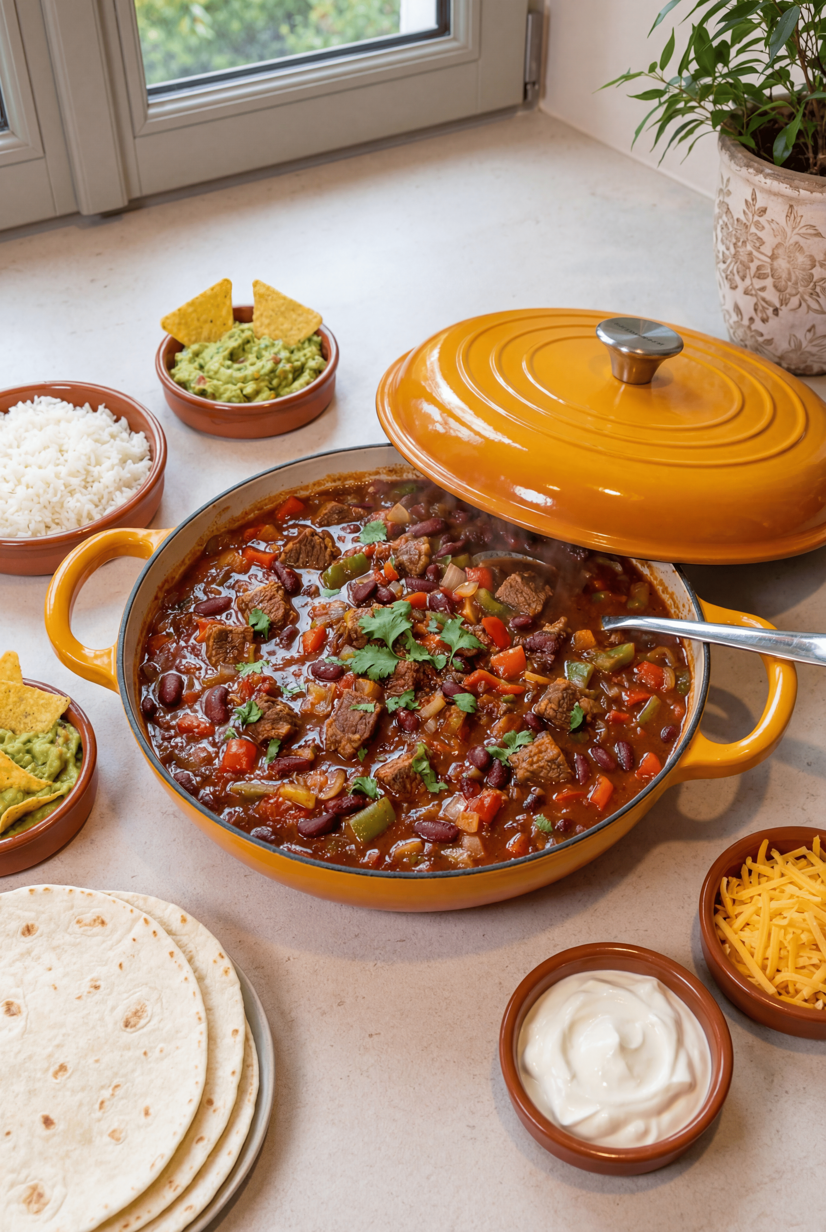 Chili con carne traditionnel mijoté dans un faitout en fonte émaillée avec bœuf, haricots rouges, tomates et épices