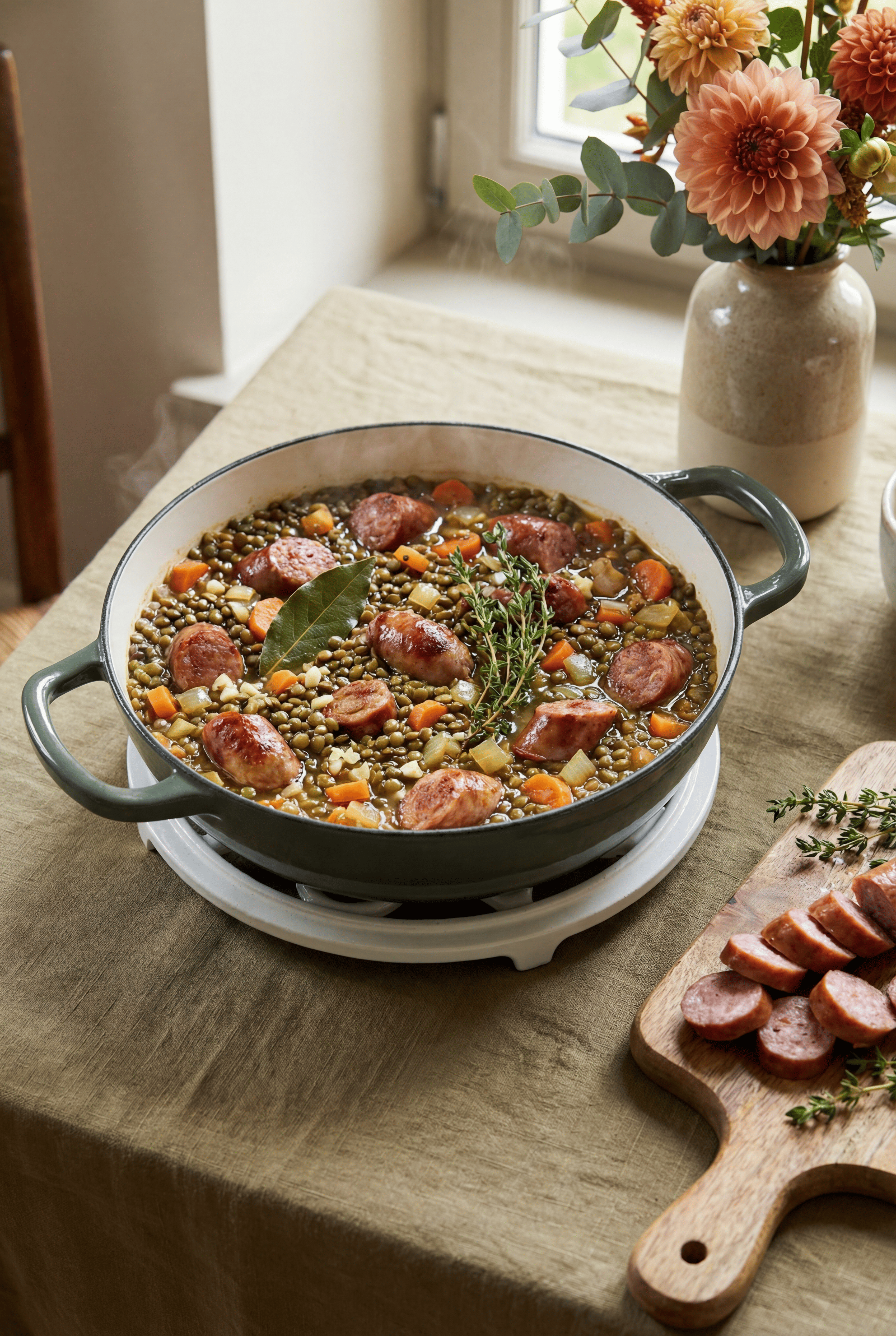 Lentilles saucisses traditionnelles mijotées dans un faitout en fonte émaillée avec lentilles fondantes, saucisses et légumes