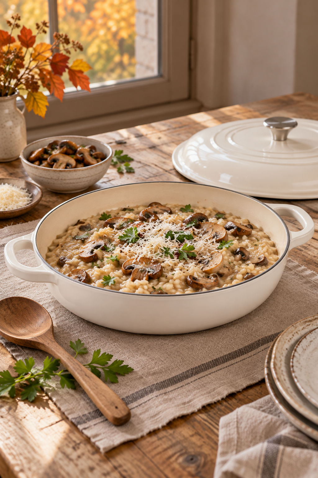 Cremet risotto med svampe og parmesan i en vaniljehvid lav gryde