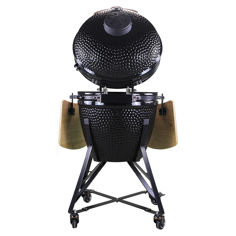 Barbecue kamado 21 pouces noir en céramique avec tablettes latérales rabattables et chariot sur roulettes dos avec vu ressort
