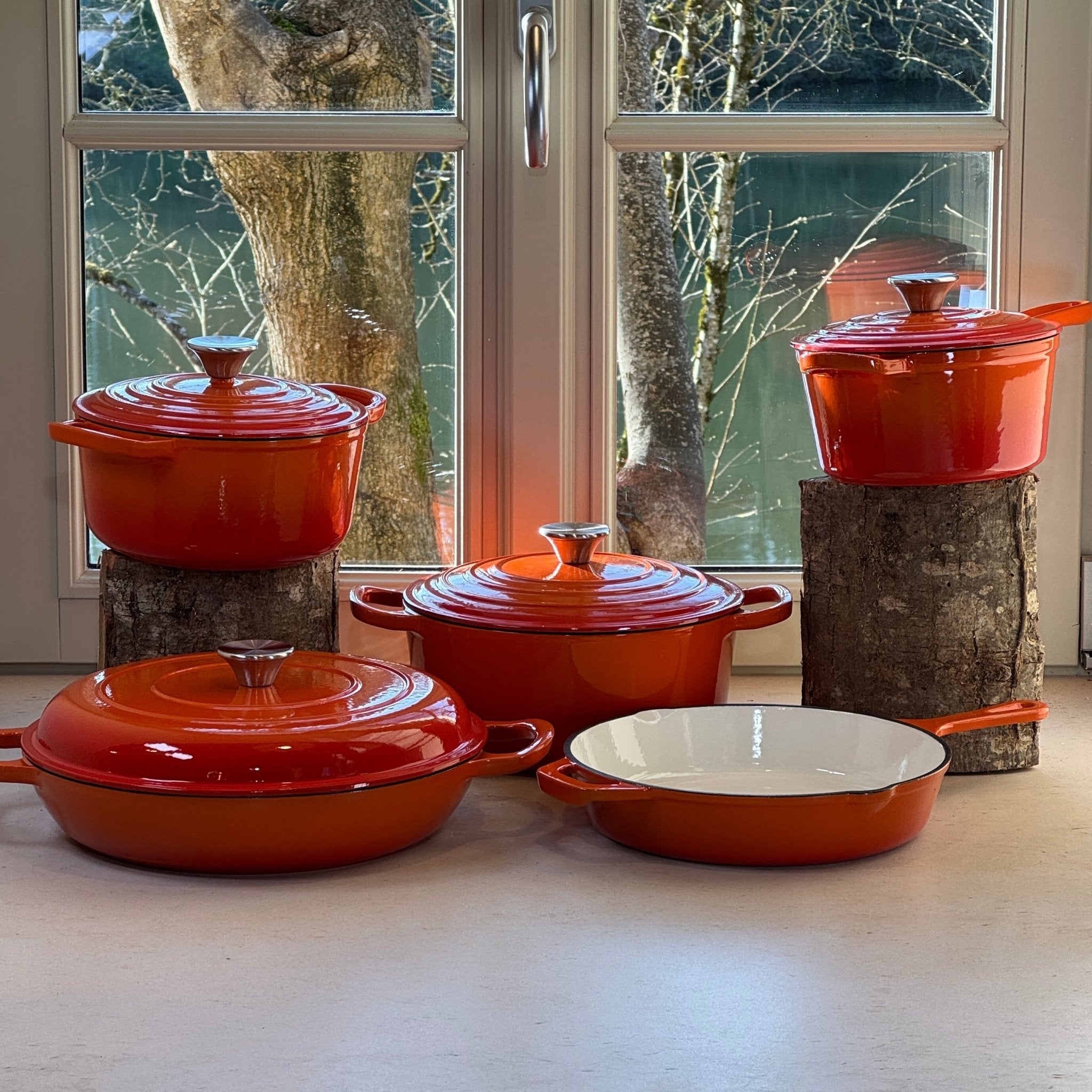 5-teiliges emailliertes Gusseisen-Set – Orange