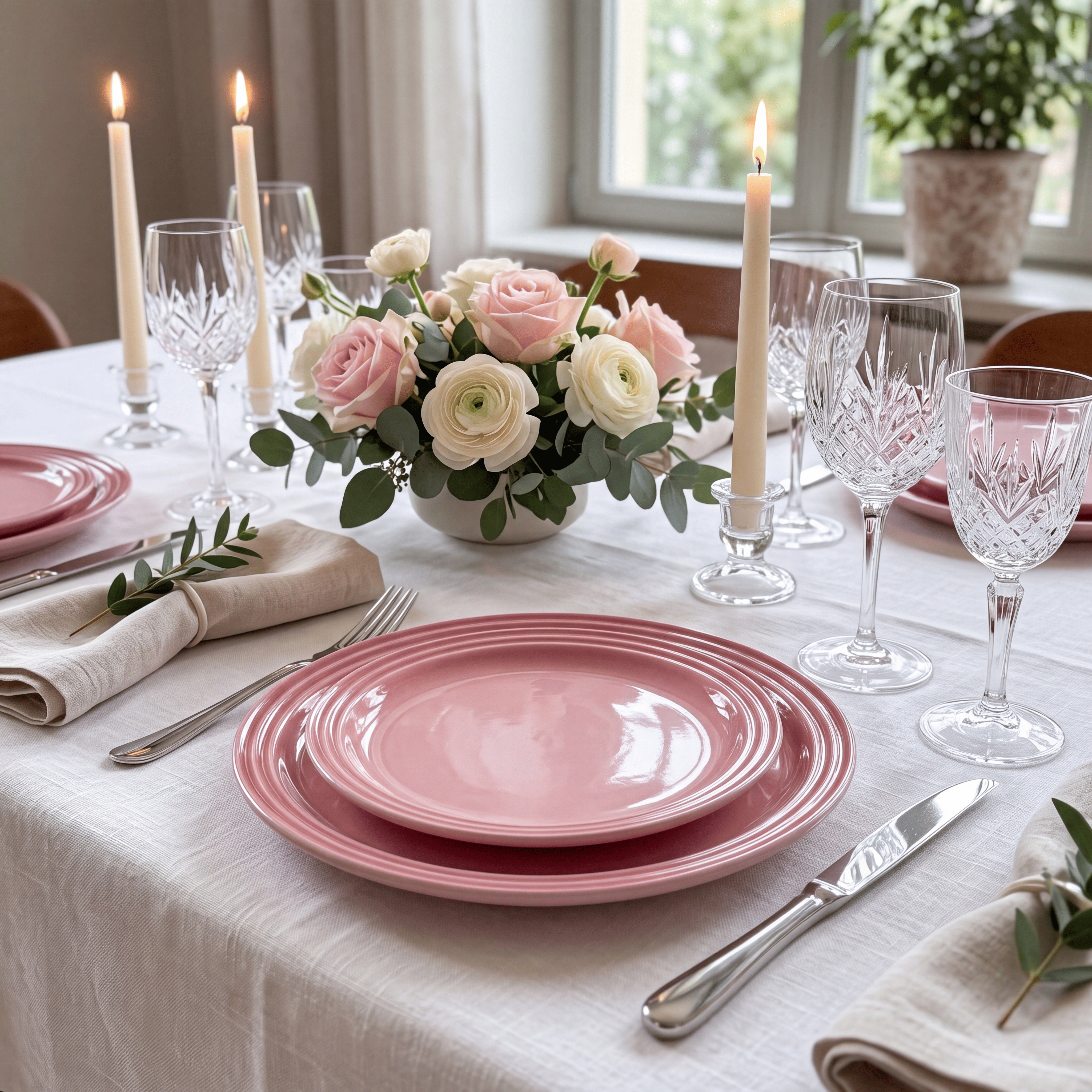 Assiette en céramique émaillée rose une table
