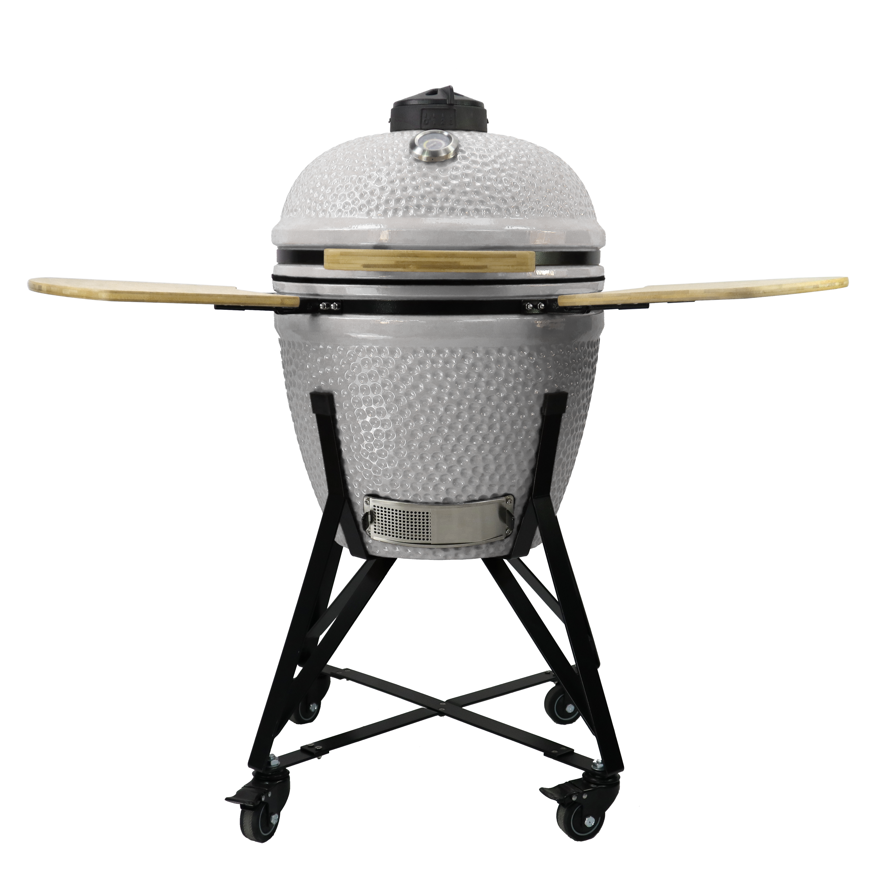 Barbecue kamado en céramique blanc avec grandes tablettes latérales ouvertes pour cuisine extérieure