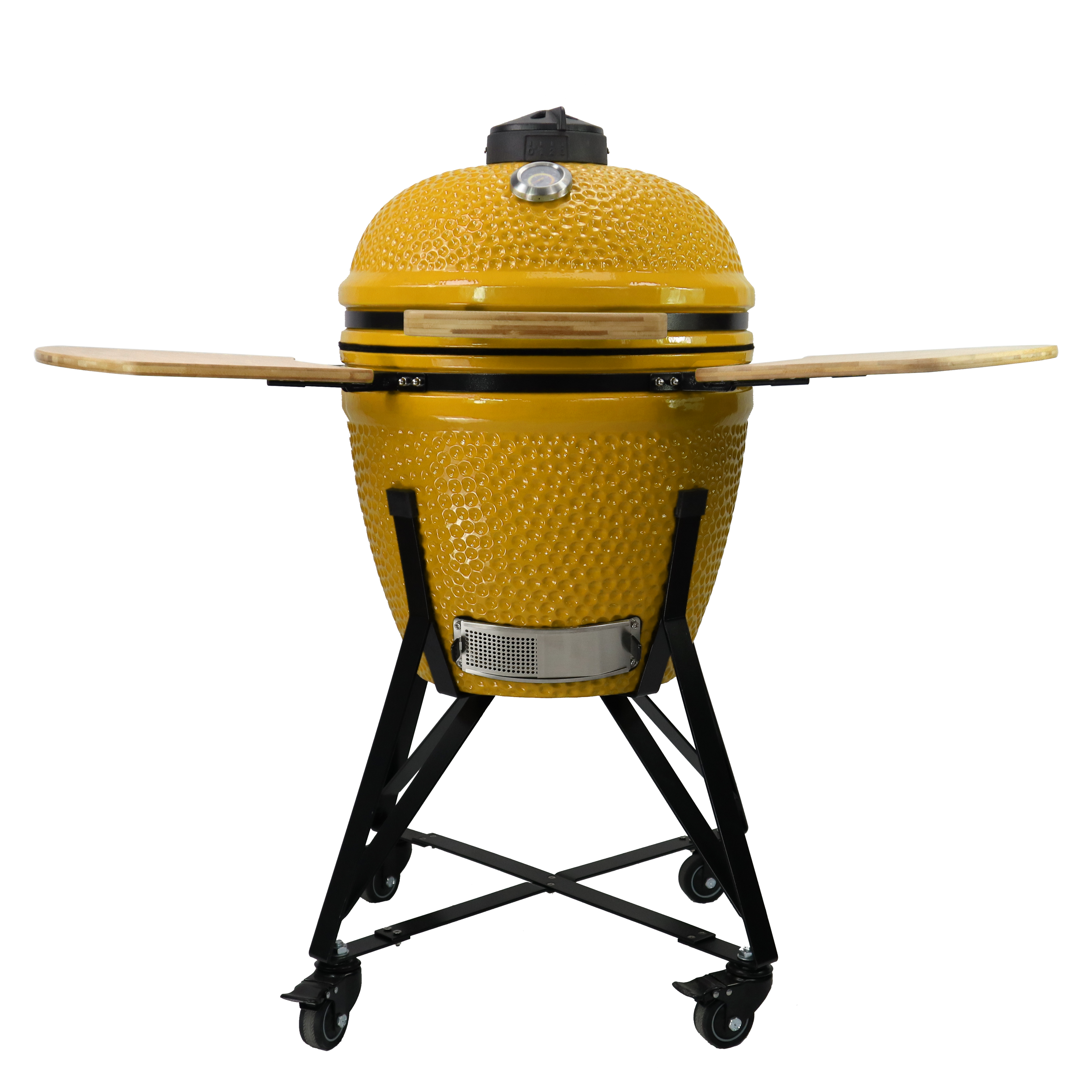 Barbecue kamado en céramique jaune avec grandes tablettes latérales ouvertes pour cuisine extérieure