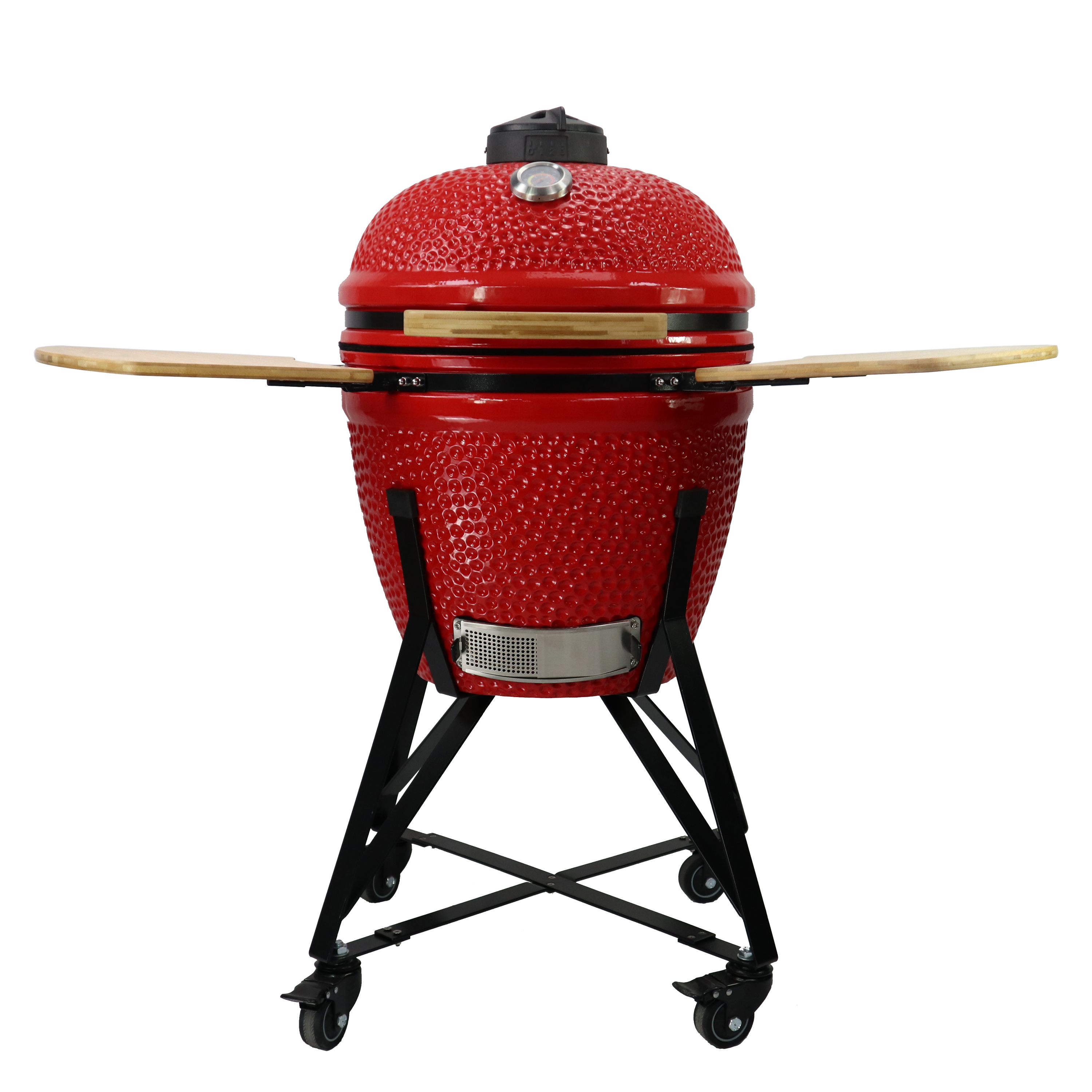 Barbecue kamado en céramique rouge avec grandes tablettes latérales ouvertes pour cuisine extérieure