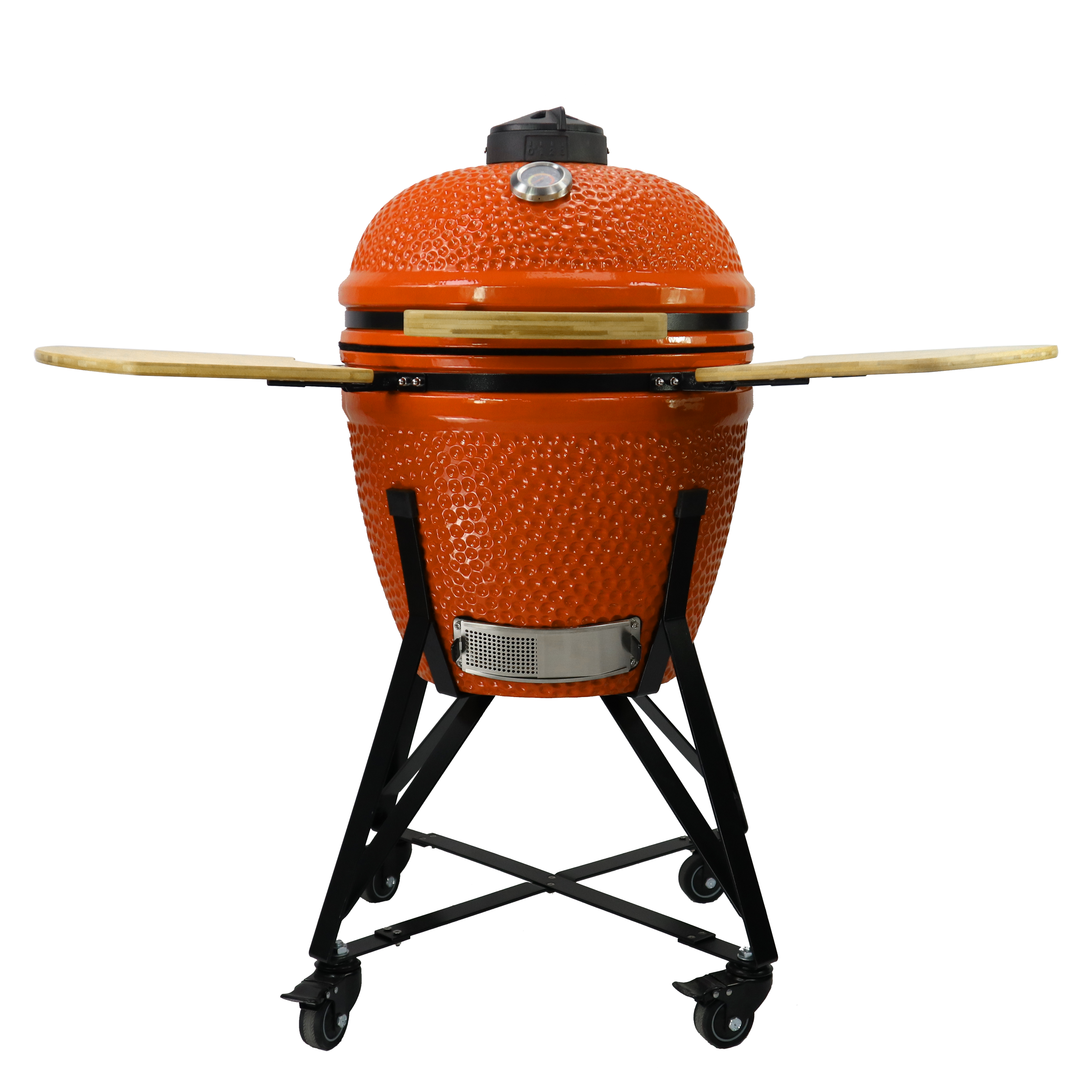 Barbecue kamado orange ouvert avec intérieur en céramique pour cuisson lente, fumage et grillades