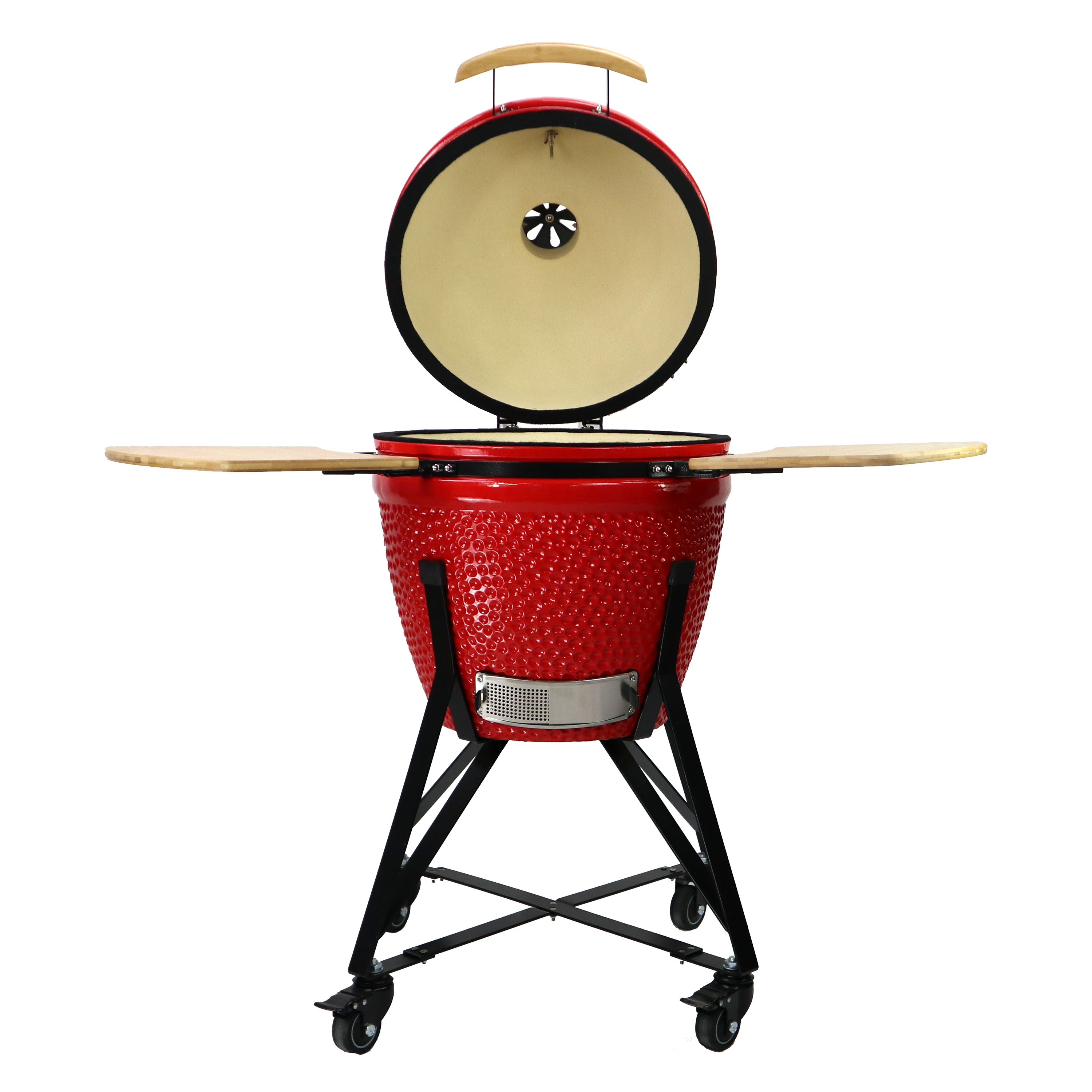 Barbecue kamado rouge ouvert avec intérieur en céramique pour cuisson lente, fumage et grillades