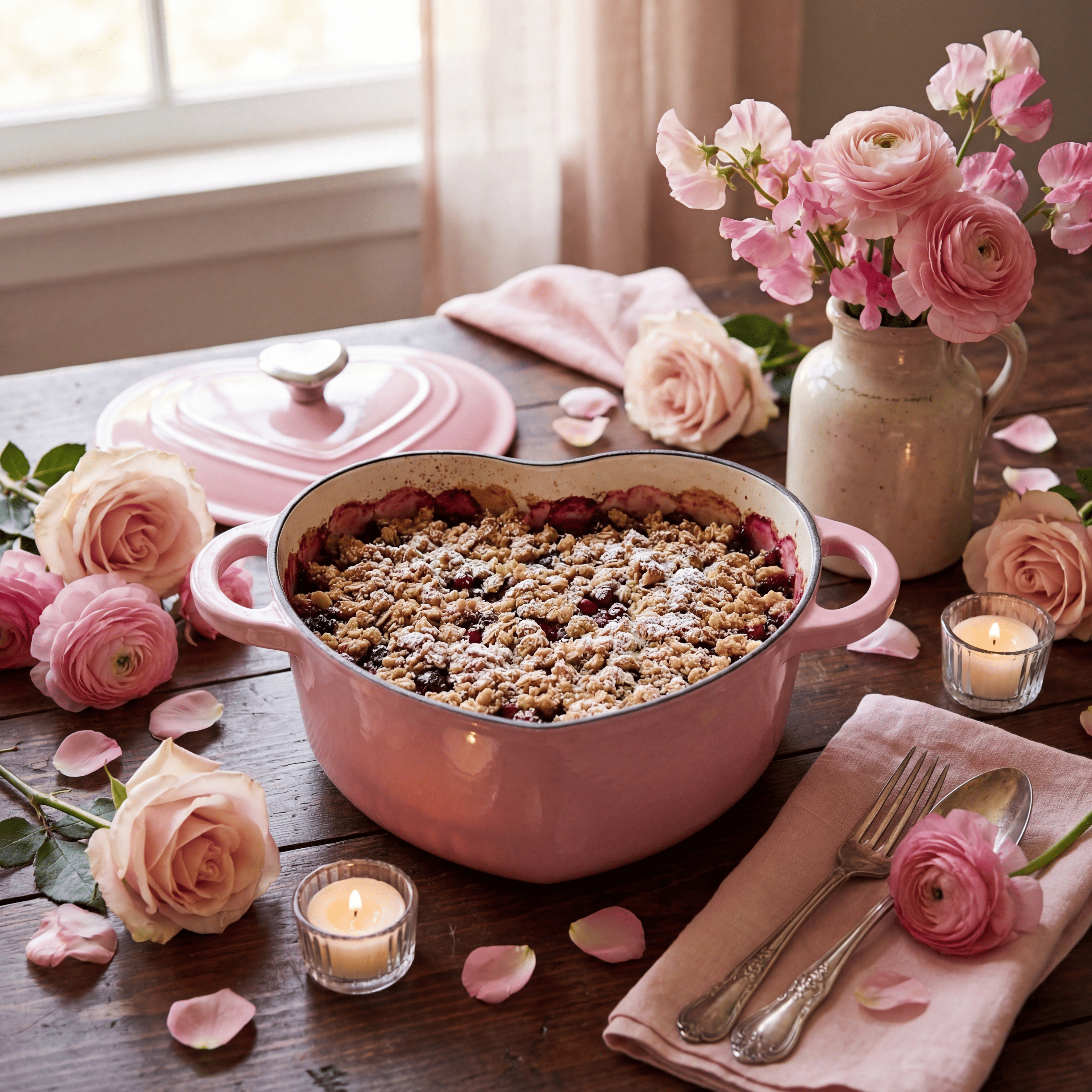Cocotte en fonte émaillée en forme de coeur rose crumble