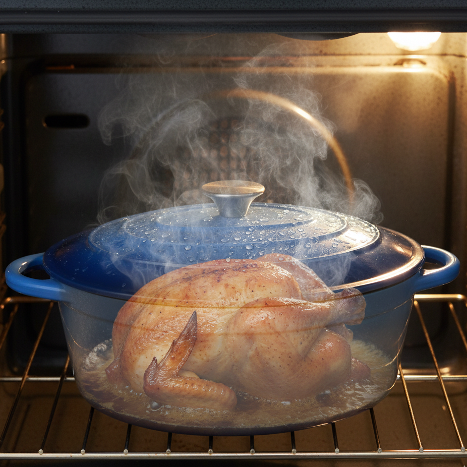 Cocotte en fonte émaillée avec couvercle à picots au four, créant une condensation naturelle pour une cuisson juteuse et une viande tendre