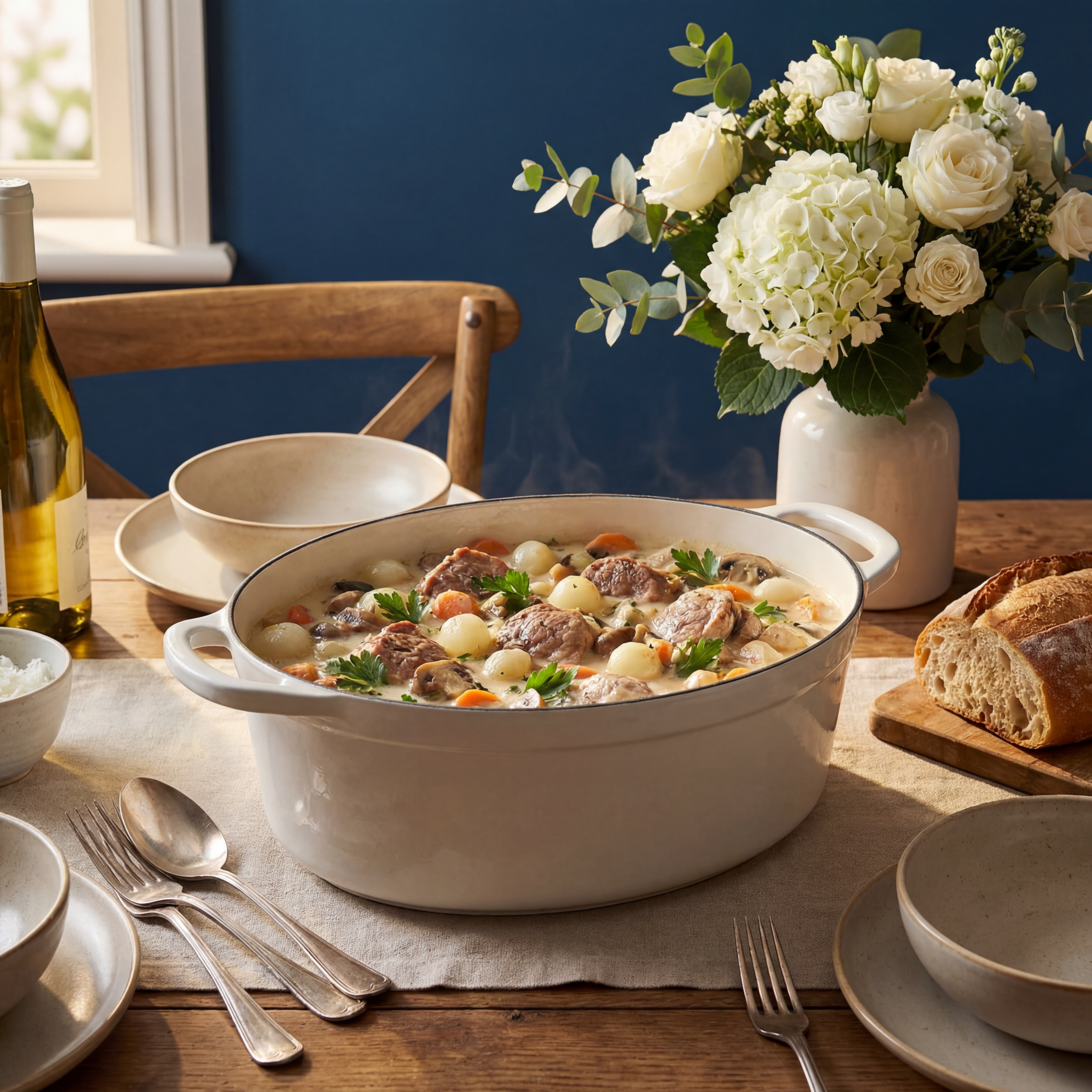 Cocotte ovale blanche avec une blanquette de veau