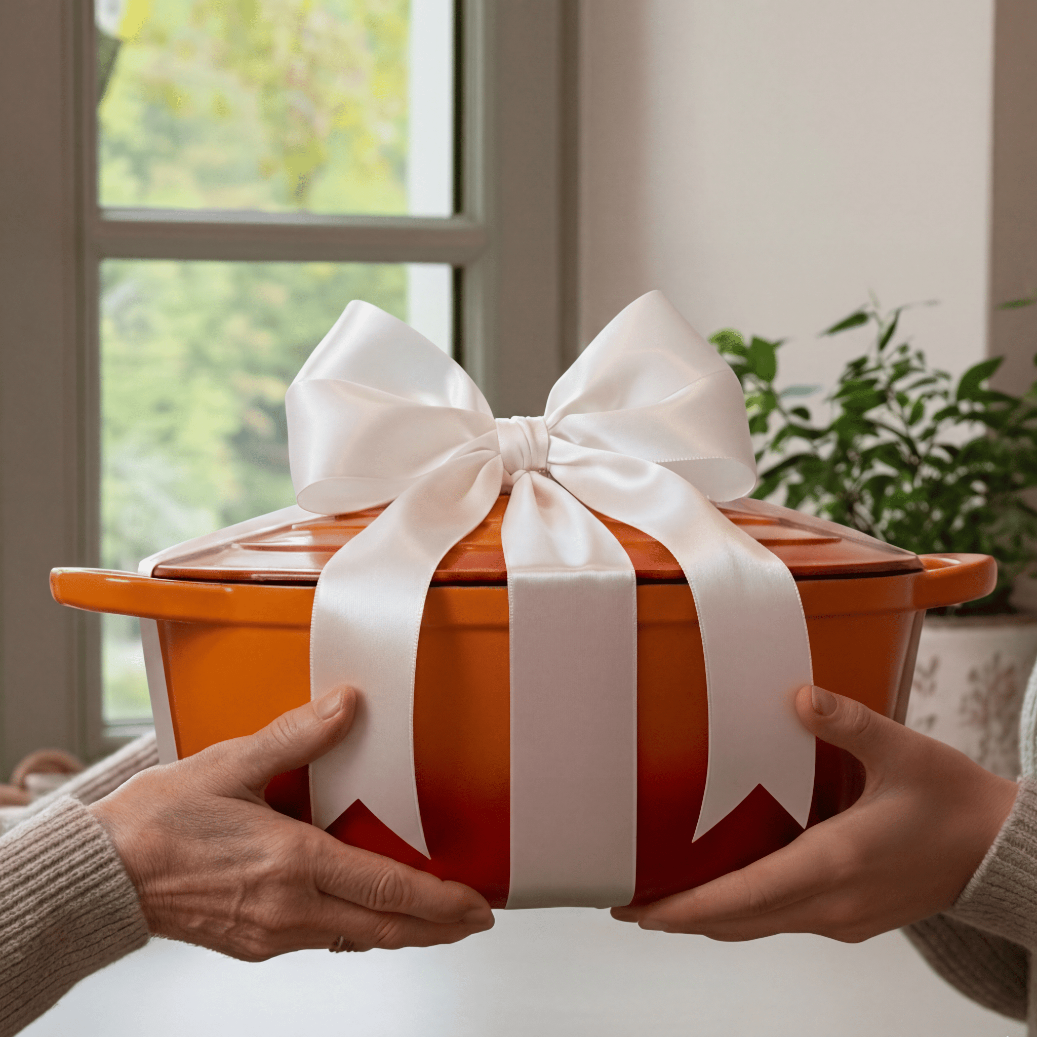 Cocotte ovale en fonte émaillée orange avec un noeud blanc qui l'entoure, la cocotte est transmis d'une personne à une autre