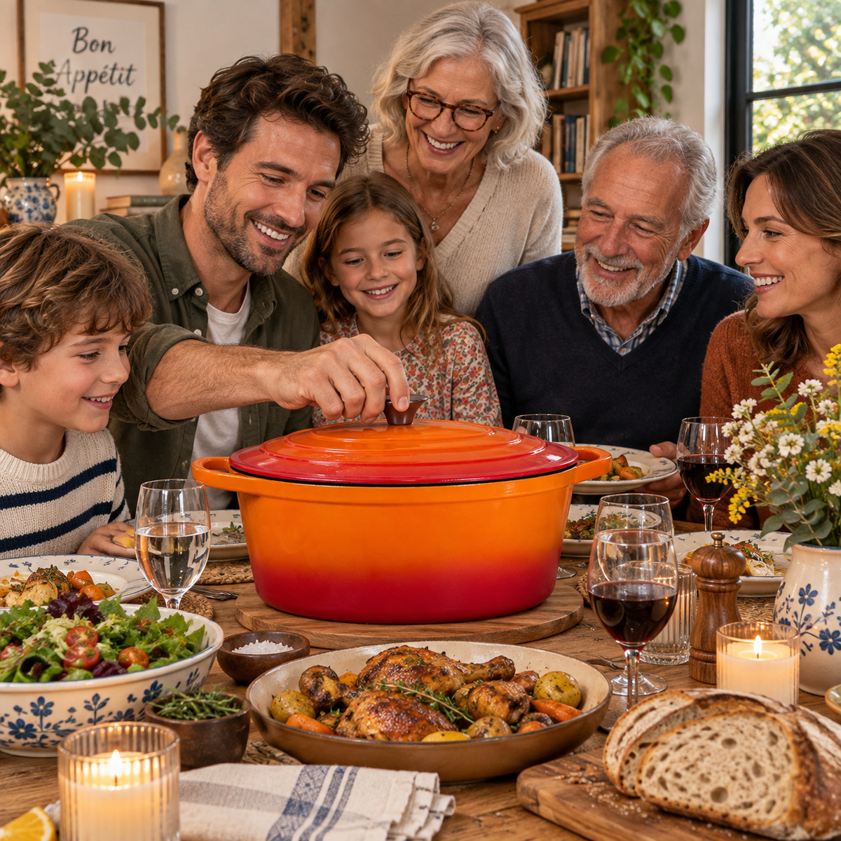 Cocotte ovale en fonte émaillée Orange repas de famille