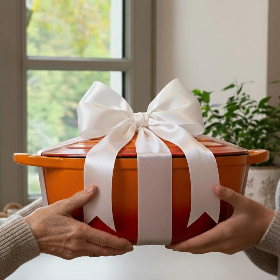 Cocotte fonte émaillée Orange avec un gros noeud cadeau blanc