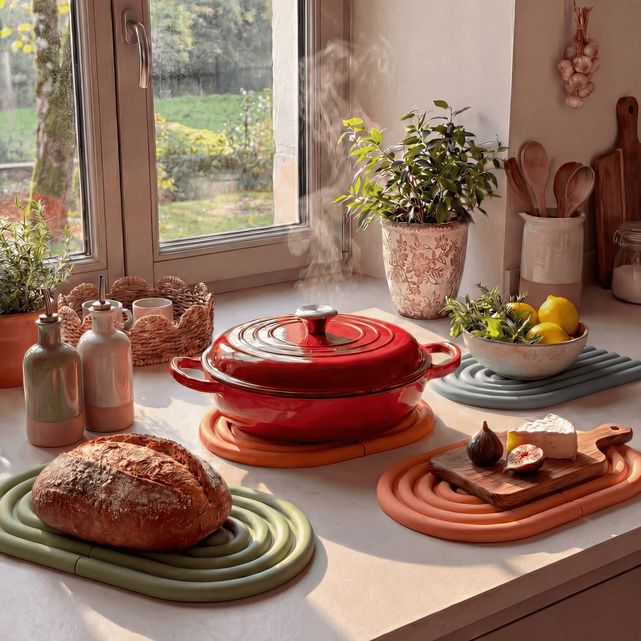 Dessous de plat silicone design en cuisine, protège le plan de travail des cocottes chaudes et apporte une touche moderne.