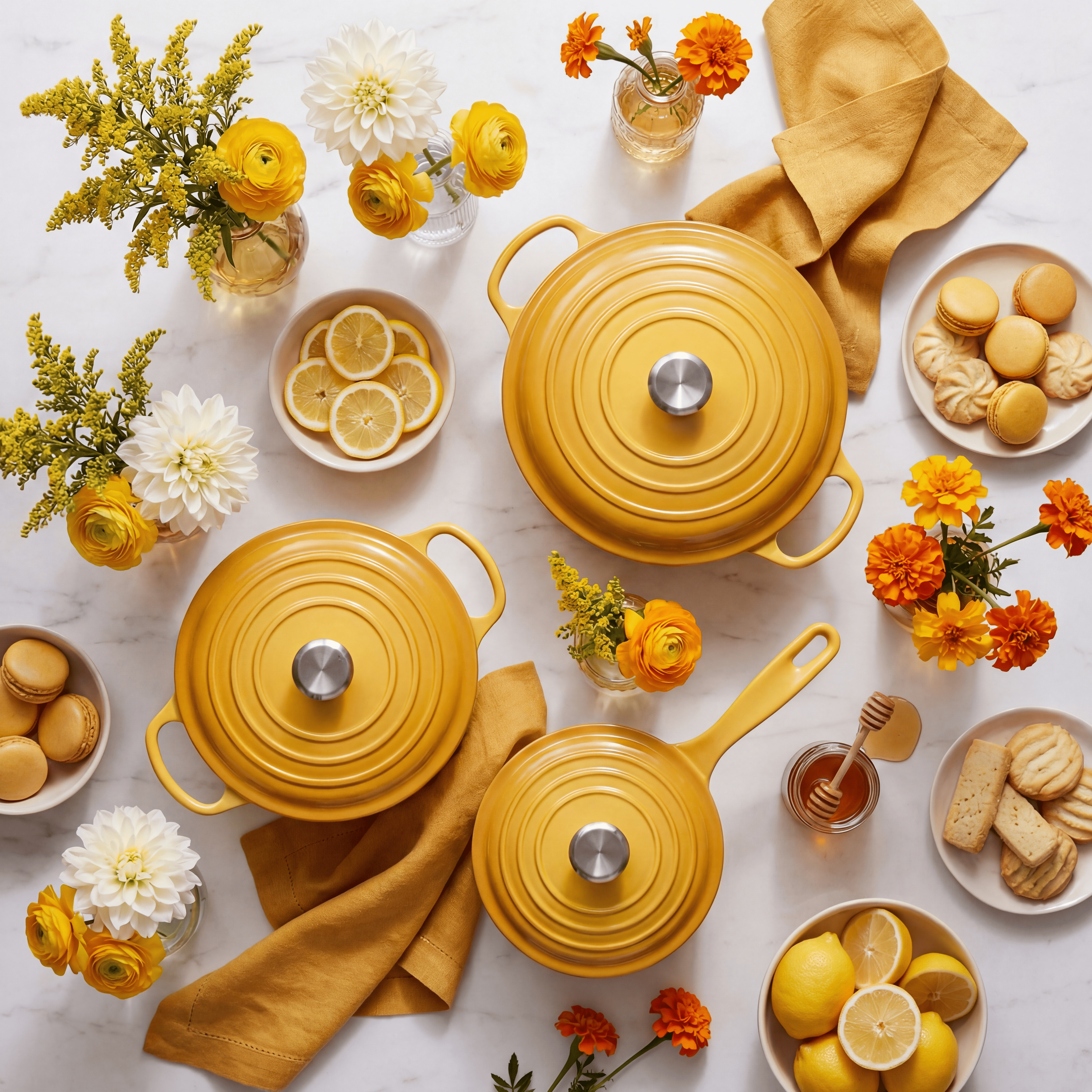 Ensemble de cocottes en fonte émaillée jaune moutarde Mamie Cocottes, idéales pour la cuisson mijotée, la cuisine maison et les repas conviviaux