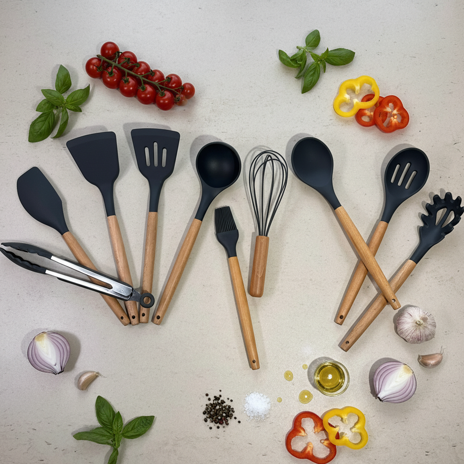 Ensemble dix ustensiles de cuisine manches bois et bout en silicone