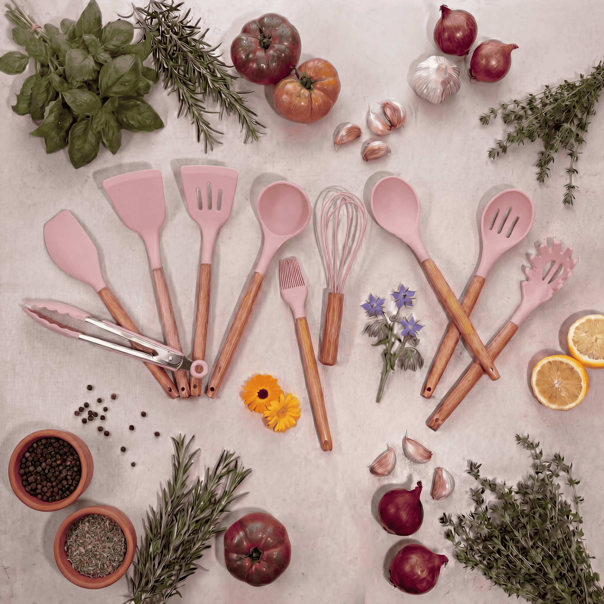 Ensemble dix usensiles en bois et en silicone rose