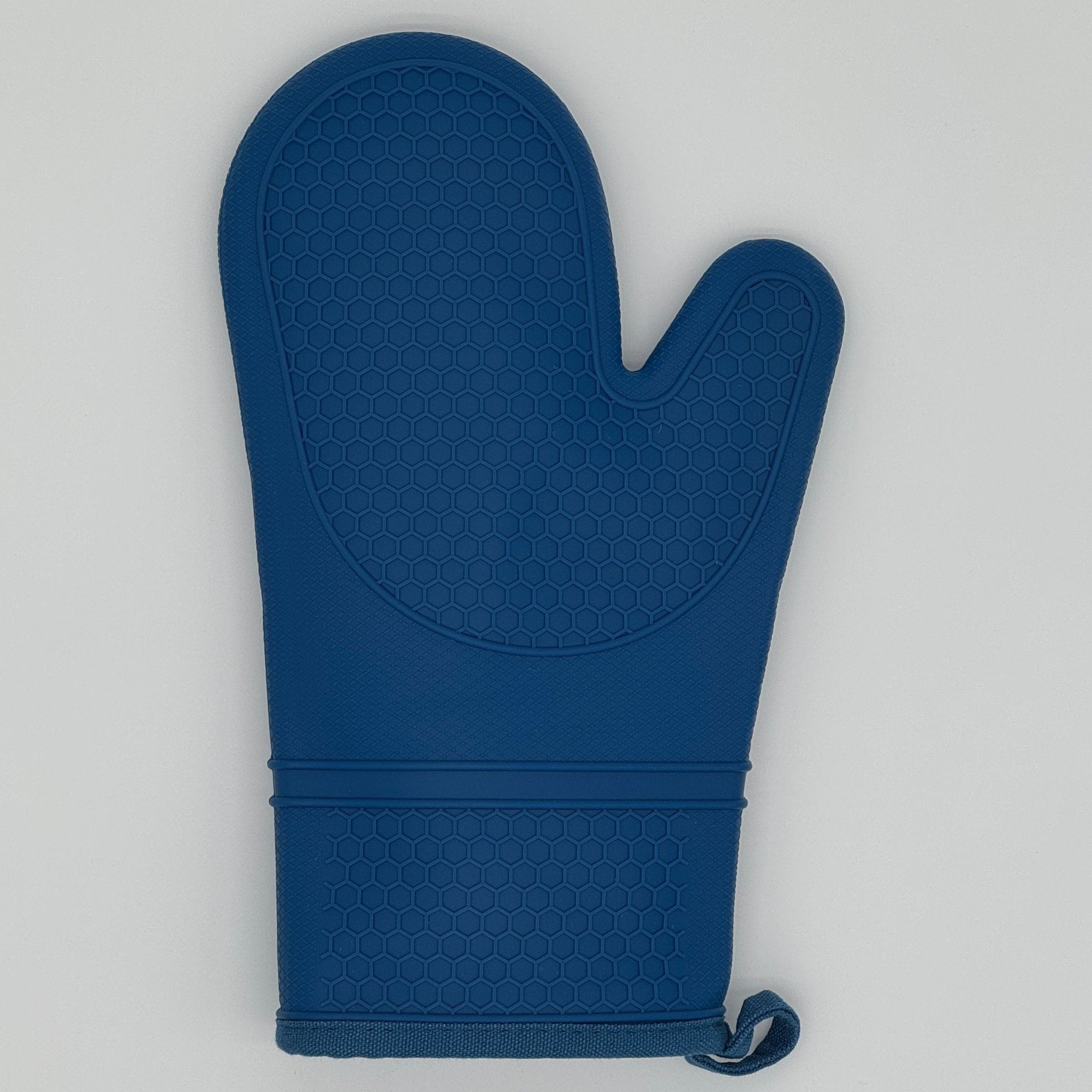 Gant de cuisine en silicone bleu avec intérieur coton isolant pour manipuler plats chauds et cocottes en fonte en sécurité